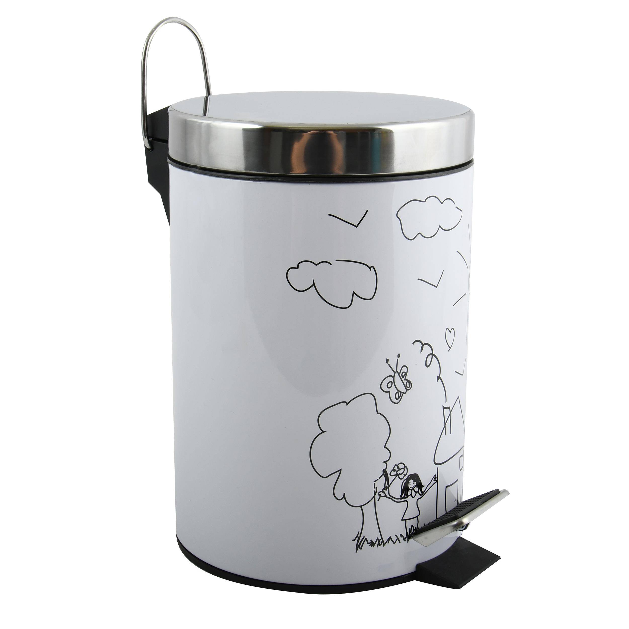 Weißer runder Trittmülleimer mit Chromdeckel, Fußpedal und schwarzem Seitengriff; verziert mit einfachen Strichzeichnungen von Wolken, Baum, Schmetterling und Kindern