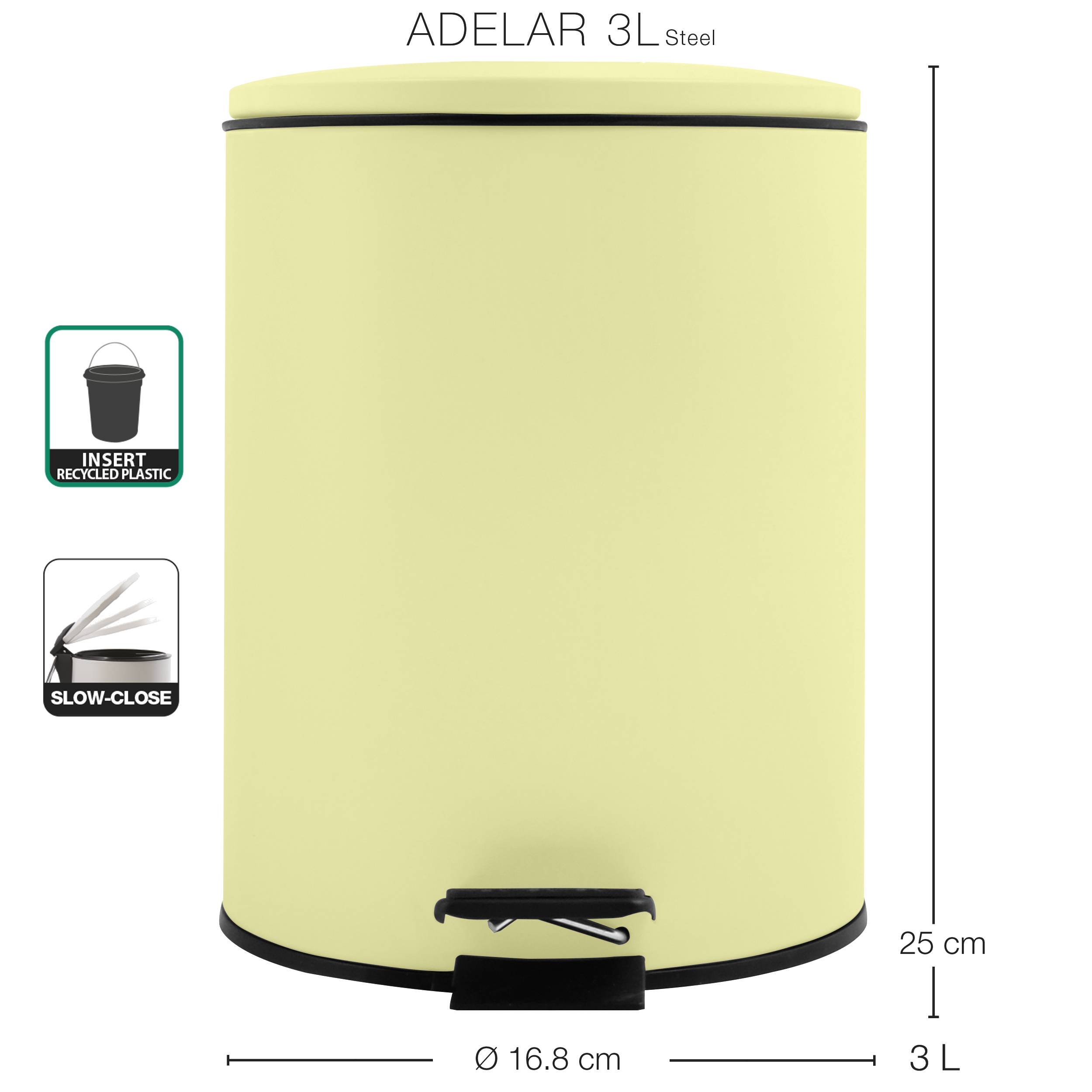 Produktbild eines Adelar 3L-Stahltreteimers in Hellgelb, mit Anzeige des recycelten Kunststoffeinsatzes und Symbolen für langsam schließenden Deckel, mit Abmessungen von 25 cm Höhe und 16,8 cm Durchmesser.