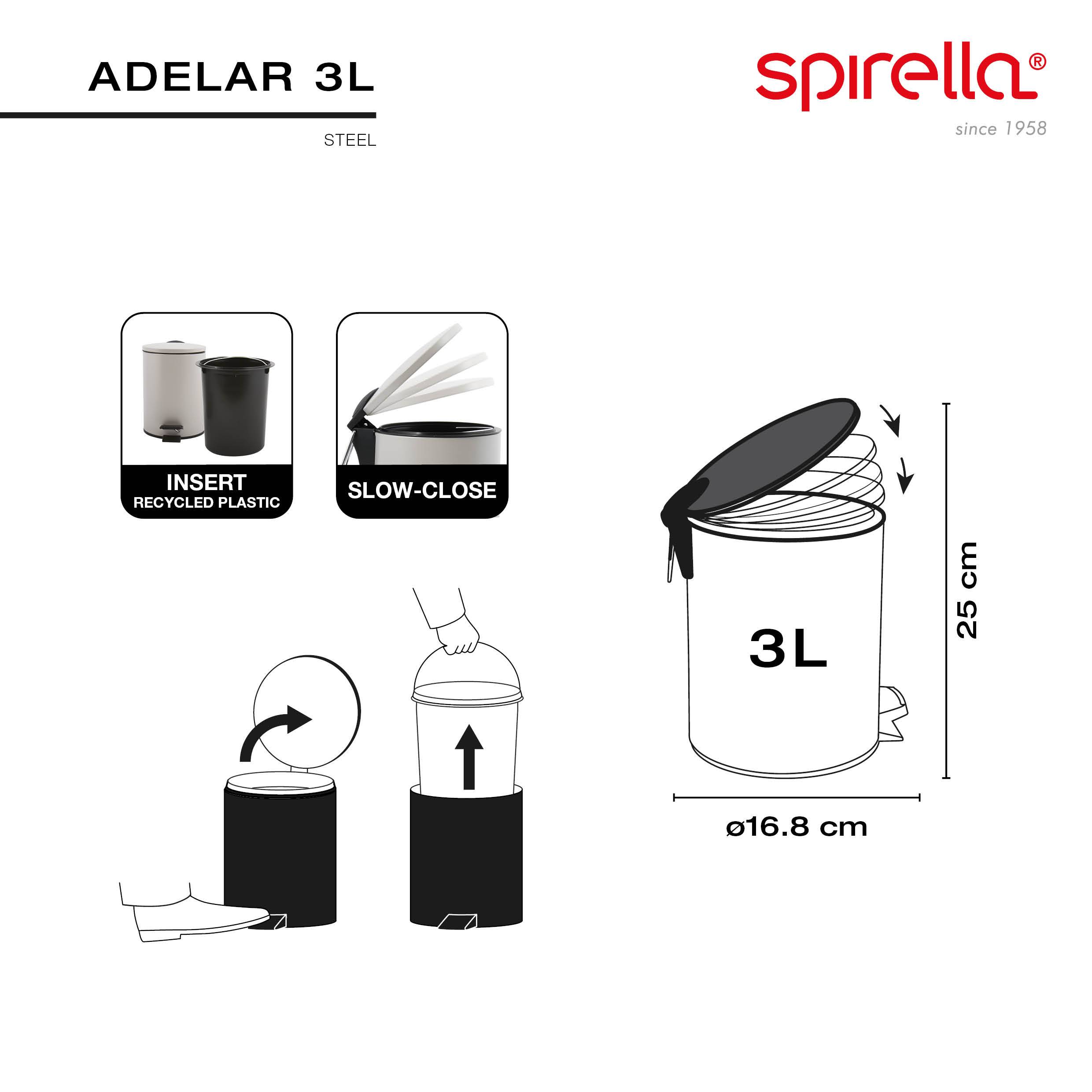 Produktdiagramm für Spirella Adelar 3L Stahlabfallbehälter, das die Recyclingkunststoff-Einsatz, langsam schließenden Deckel, Fußpedal-Bedienung und Abmessungen von 25 cm Höhe und 16,8 cm Breite zeigt.