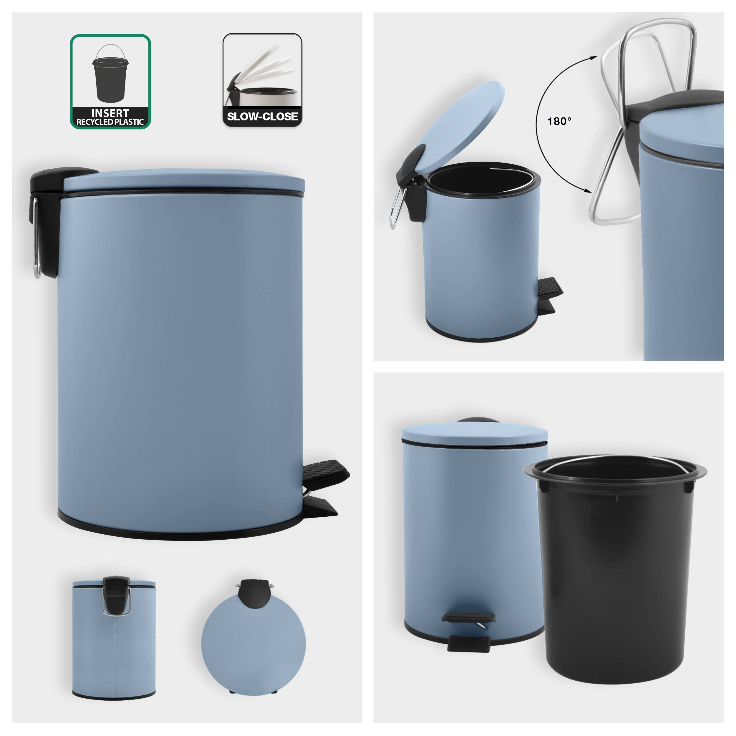 Blauer Tretabfallbehälter mit Soft-Close-Deckel und Einsatz aus recyceltem Kunststoff, geöffnet um 180 Grad und mit abnehmbarem inneren Eimer.