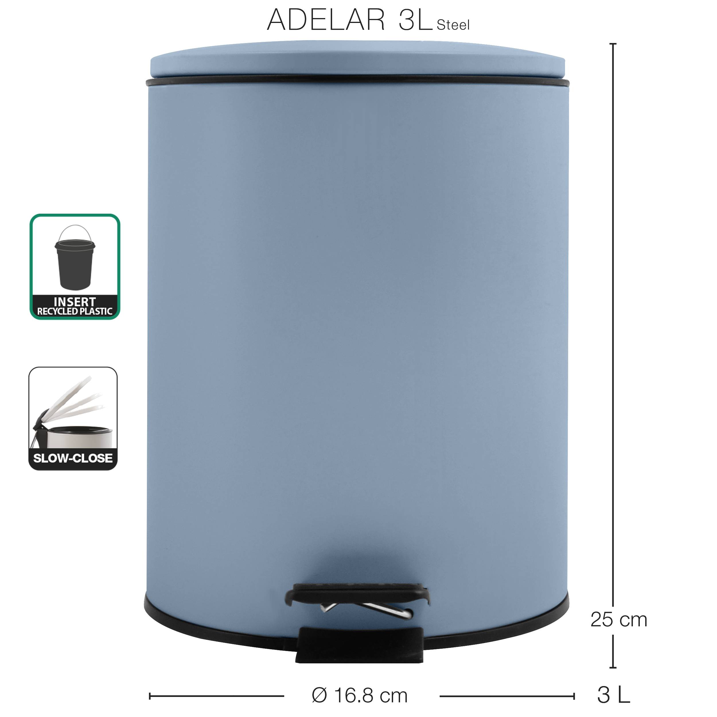 Blauer 3-Liter-Stahl-Tretabfallbehälter mit Soft-Close-Deckel und Einsatz aus recyceltem Kunststoff; Maße: 25 cm hoch und 16,8 cm breit.