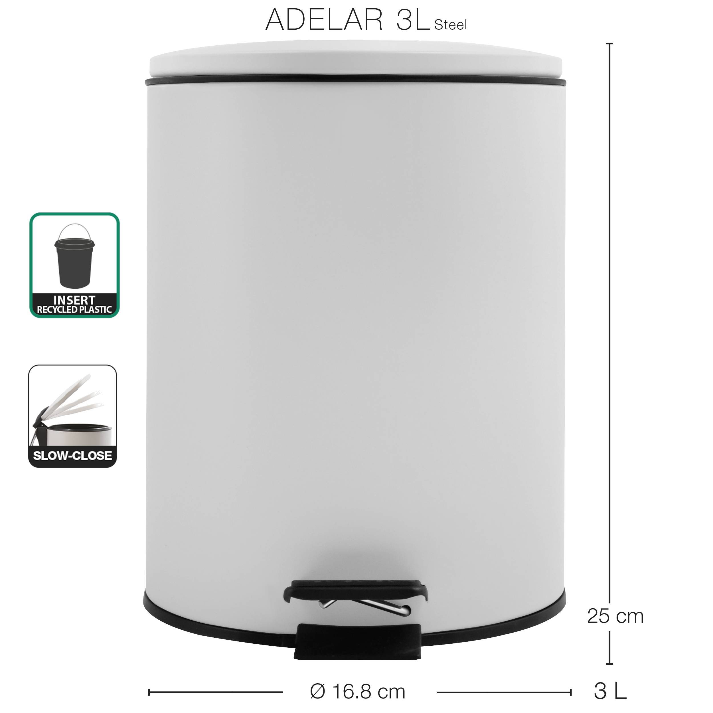 Produktbild einer weißen 3-Liter-Adelar-Stahltreteimer mit langsam schließendem Deckel, Einsatz aus recyceltem Kunststoff und beschrifteten Abmessungen von 25 cm Höhe und 16,8 cm Durchmesser.