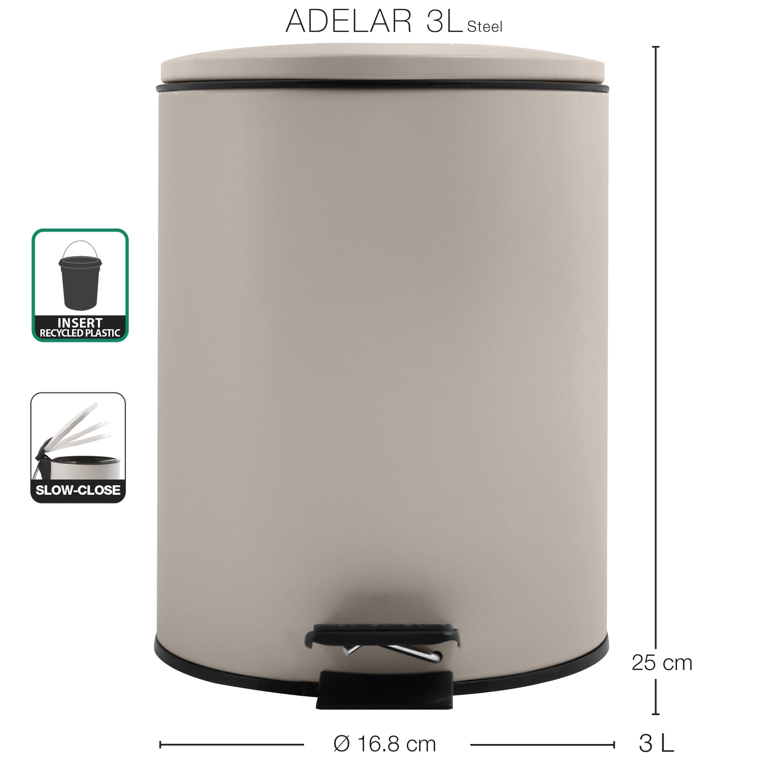 Beige 3-Liter Adelar Stahl-Treteimer mit Soft-Close-Deckel und Recycling-Kunststoff-Einsatz; Abmessungen: 25 cm Höhe und 16,8 cm Durchmesser.