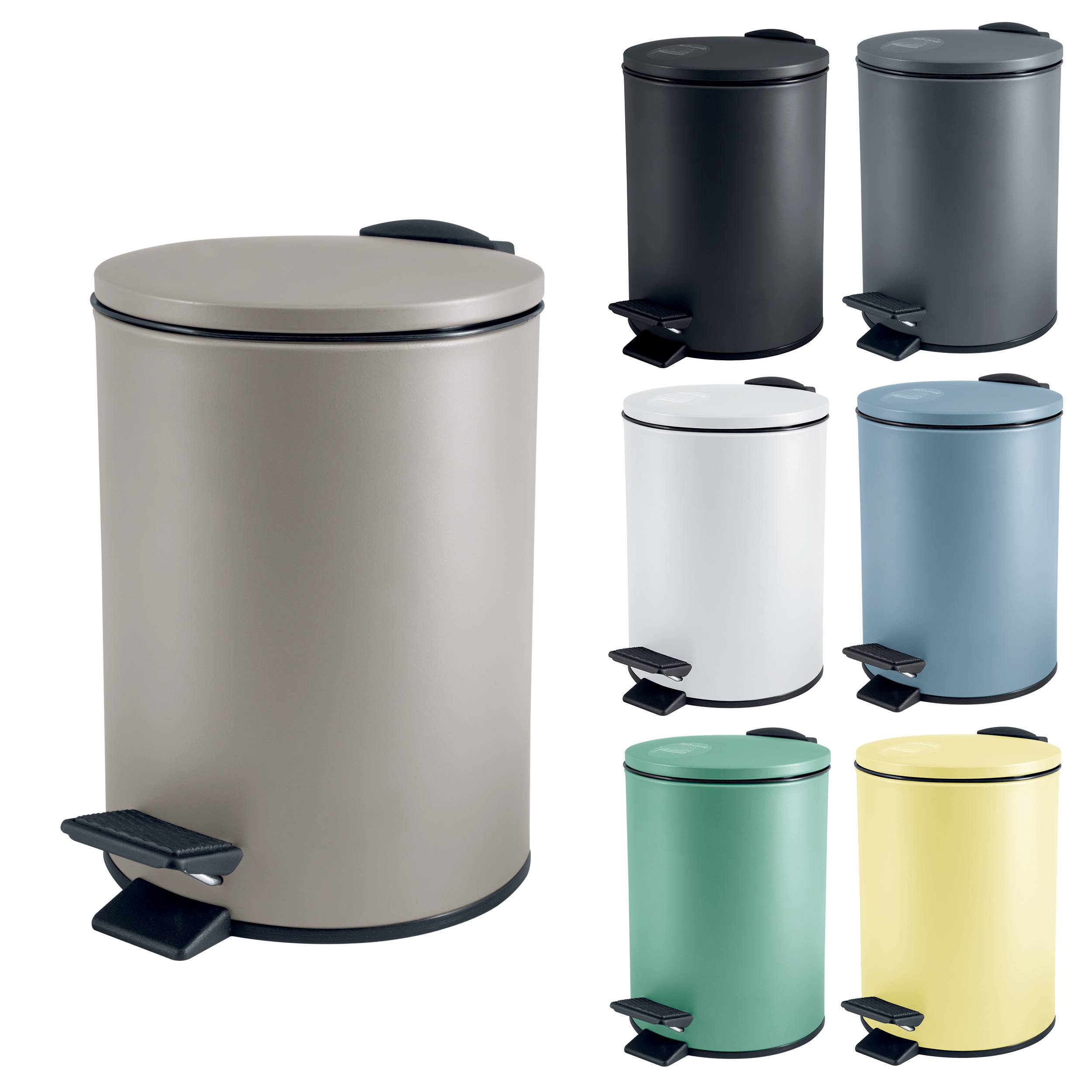 Produktbild mit einem runden Fußpedal-Mülleimer in Beige, mit sechs Farboptionen: Schwarz, Grau, Weiß, Blau, Grün und Gelb.