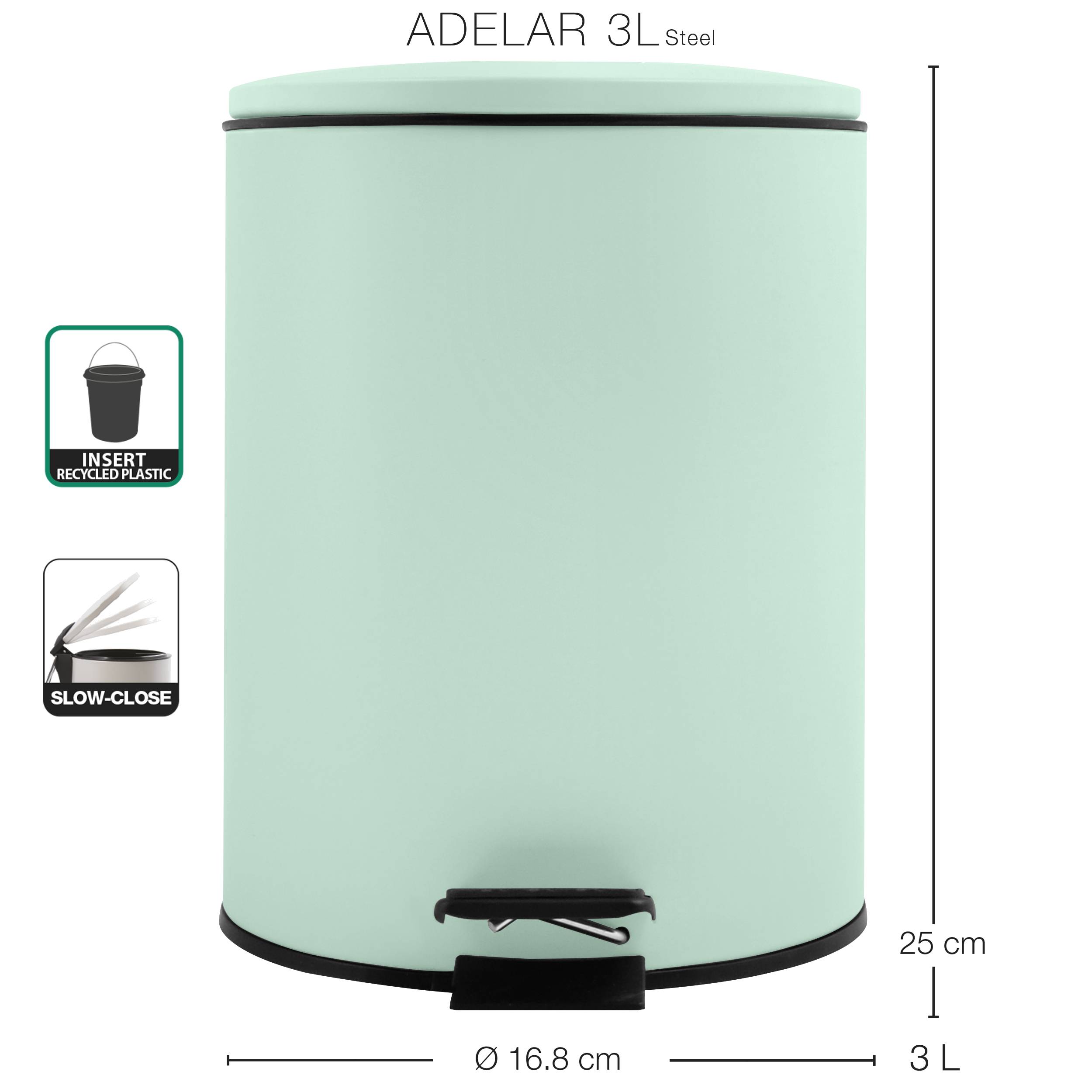 Minzgrüner 3-Liter-Stahl-Treteimer mit Slow-Close-Deckel, Recyclingkunststoff-Einsatz und Abmessungen von 25 cm Höhe und 16,8 cm Durchmesser.