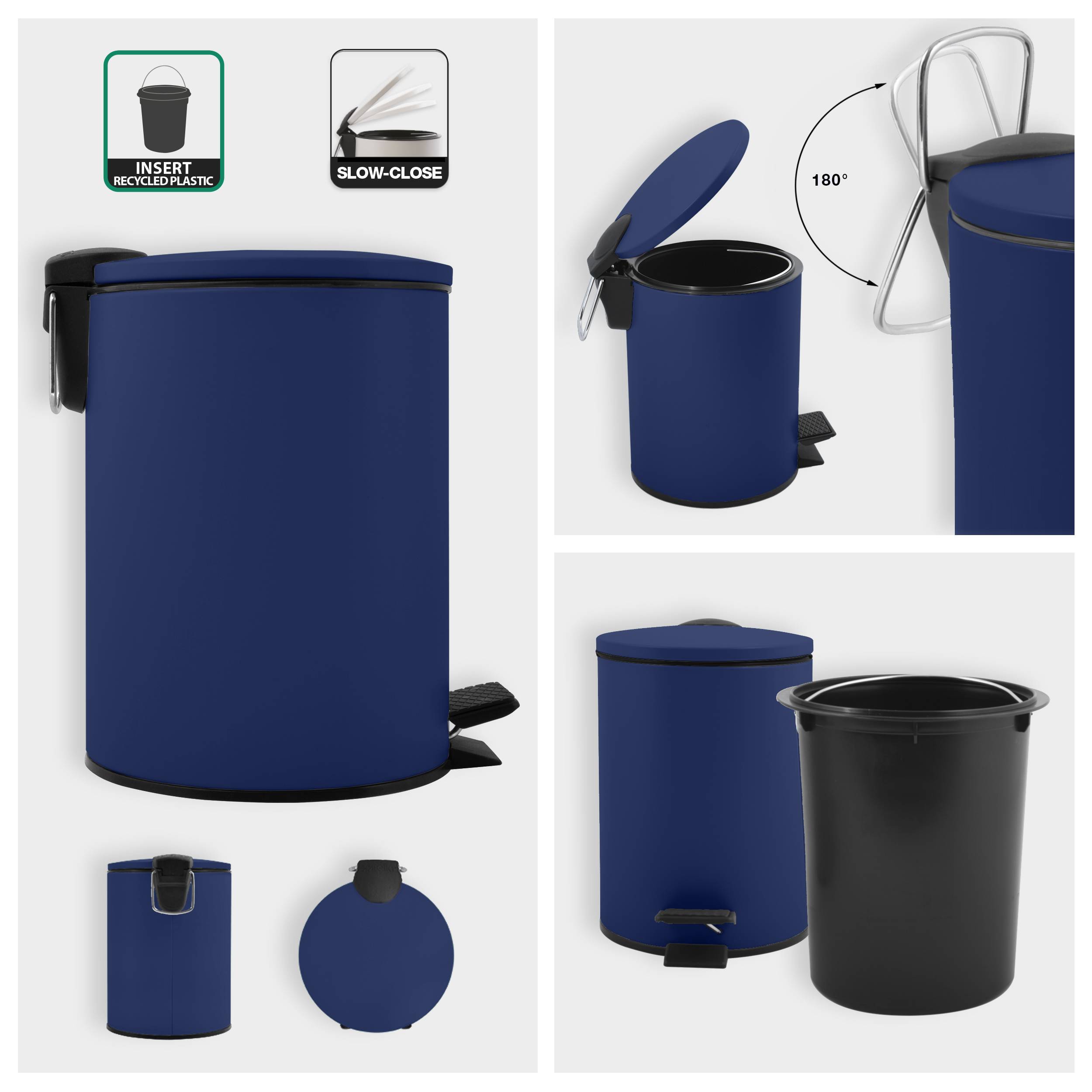 Blauer runder Trittmülleimer mit Fußpedal und Deckel mit Soft-Close-Funktion, geöffnet um 180 Grad dargestellt und mit abnehmbarem Inneneinsatz; beschriftet mit „Recyceltes Kunststoff einwerfen" und „Soft-Close"".