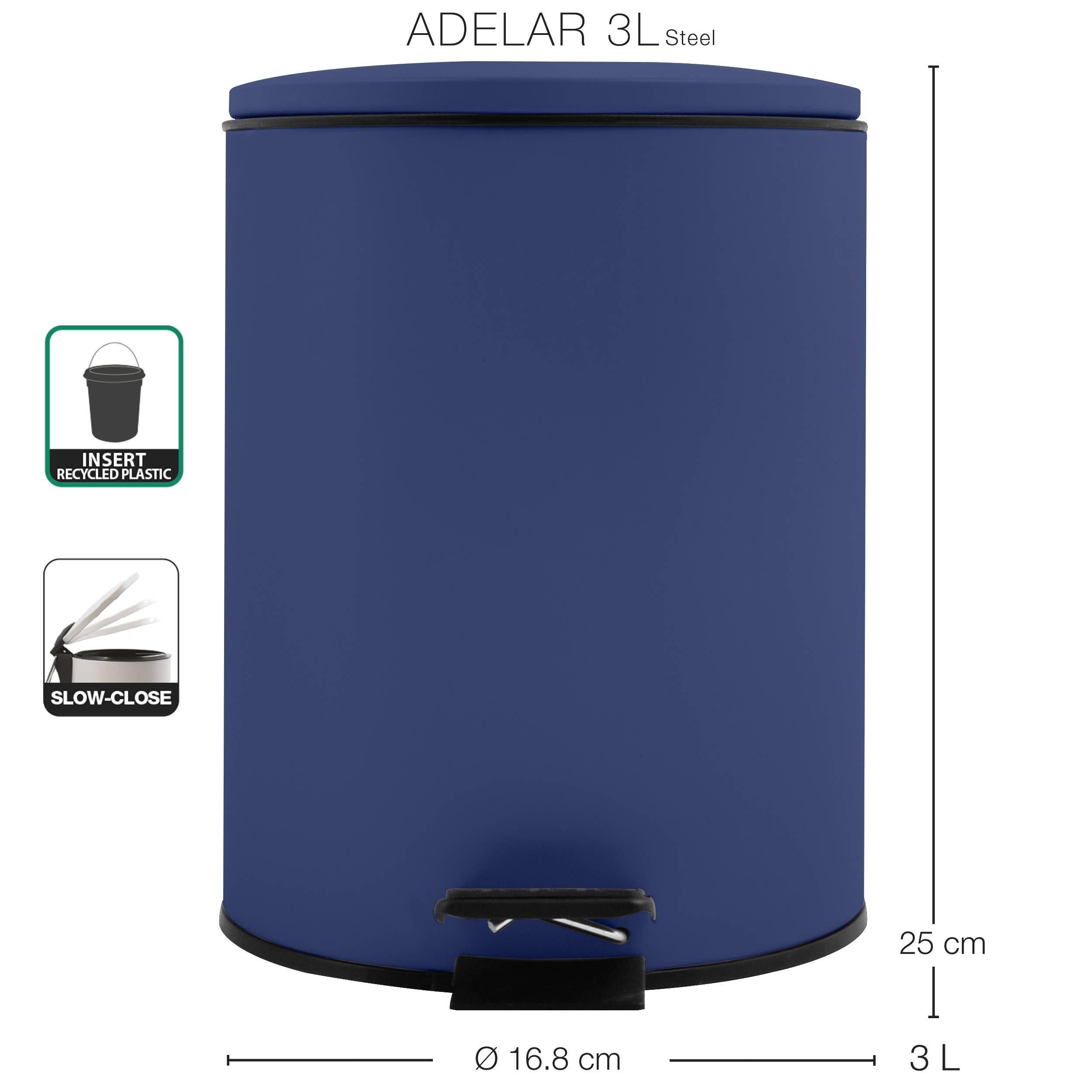 Produktbild einer blauen Adelar 3L Stahl-Mülltonne, 25 cm hoch und 16,8 cm breit, mit Soft-Close-Deckel und Recycling-Kunststoff-Einsatz.
