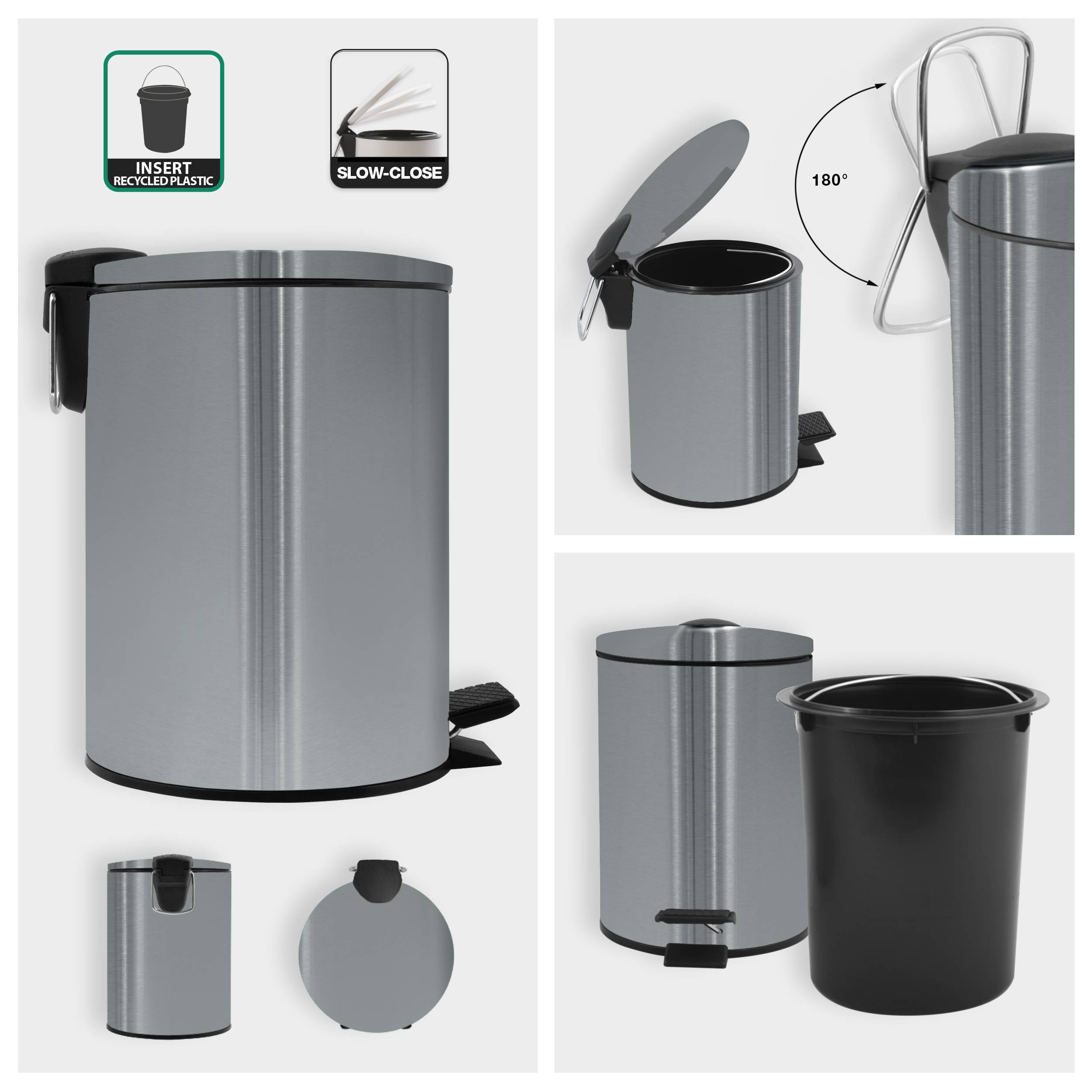 Silberner Schritt-Mülleimer mit schwarzem Deckel und Pedal, geöffnet um 180 Grad dargestellt und mit abnehmbarem innerem Behälter; Etiketten sagen „RECYCELTEN KUNSTSTOFF EINFÜHREN" und „LANGSAM SCHLIESSEND"".