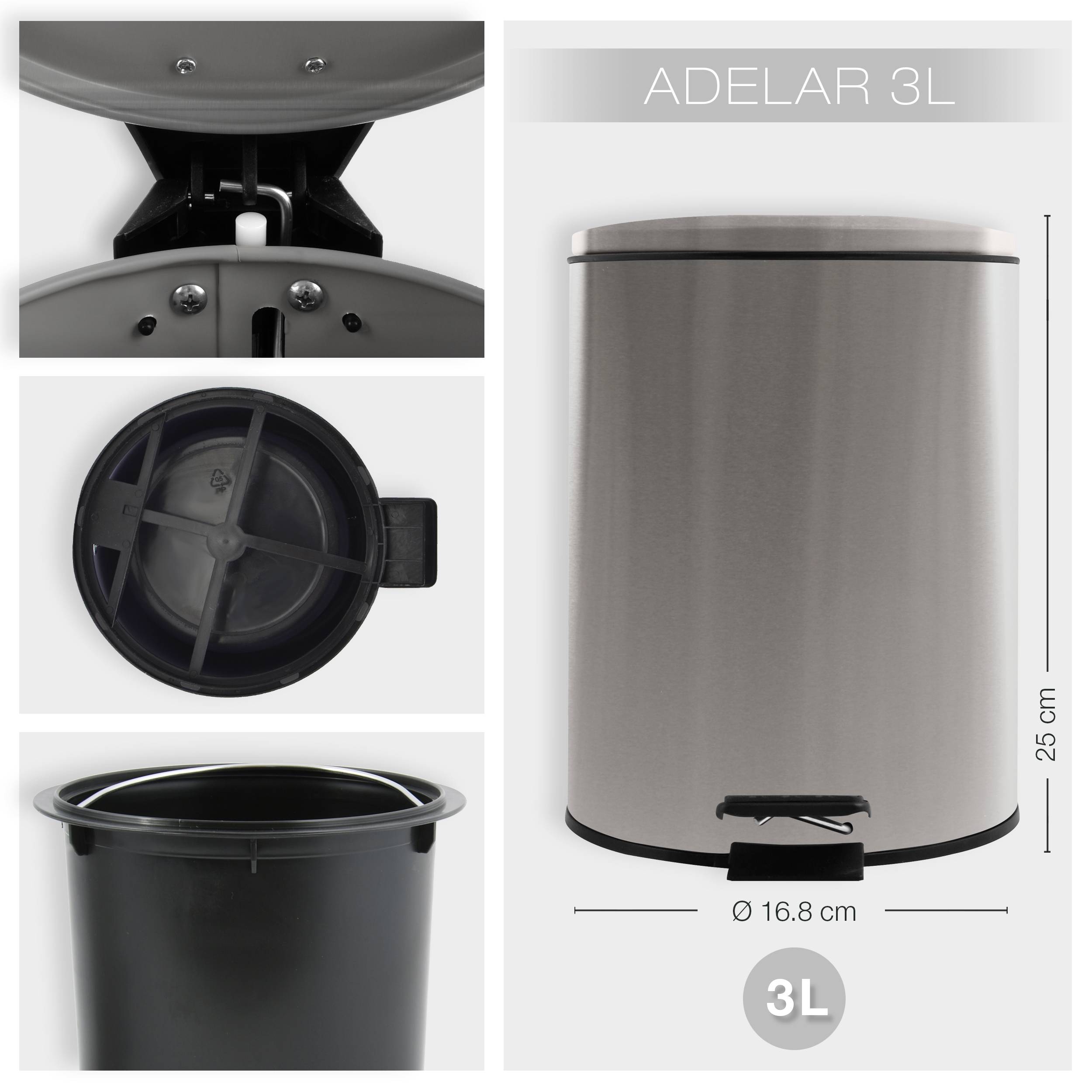 Produktdiagramm einer Edelstahl-Mülltonne mit der Bezeichnung „ADELAR 3L", das Deckel- und Seitenansichten mit Abmessungen zeigt: 25 cm Höhe und 16,8 cm Durchmesser.