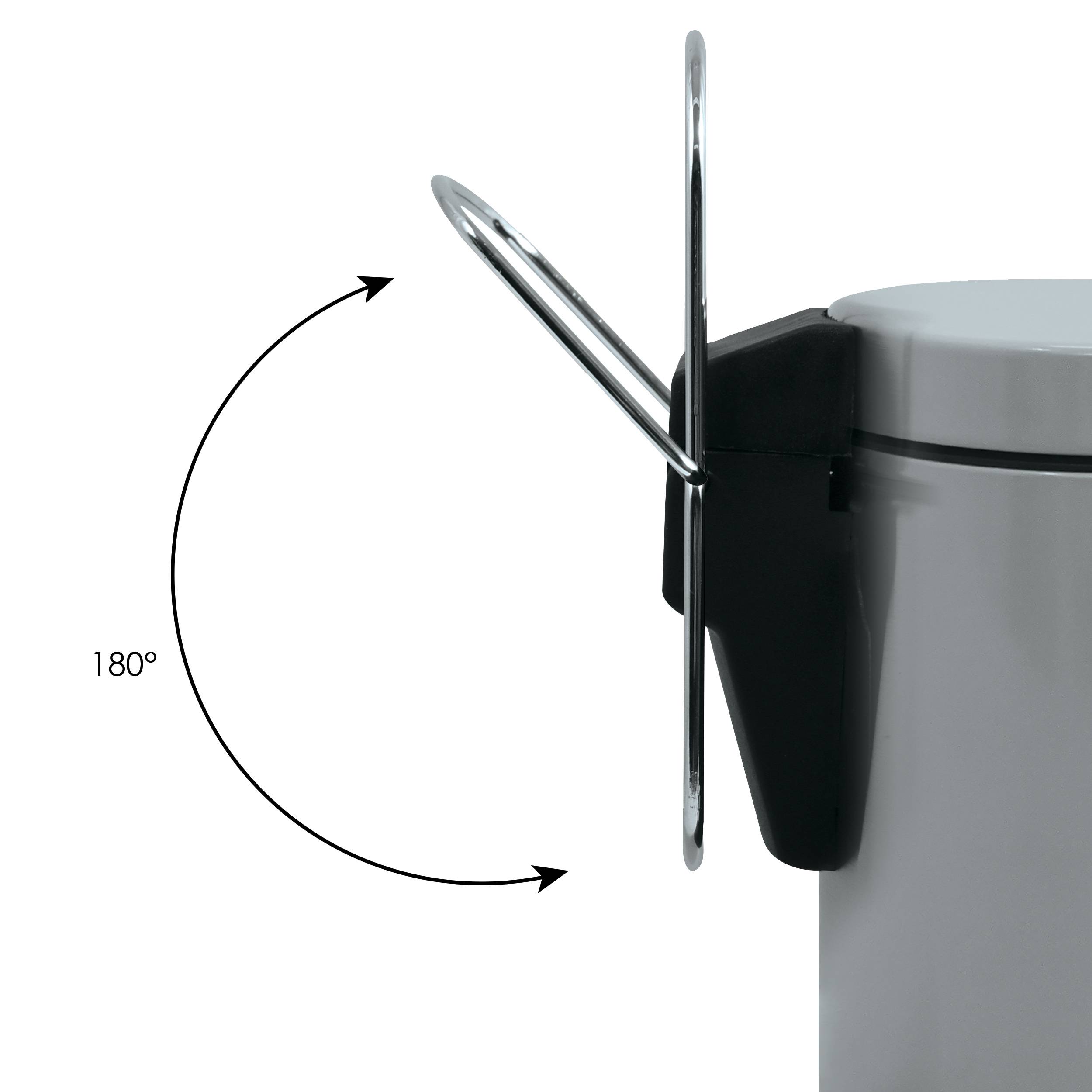Seitenansicht eines Scharniers für einen Mülltonnendeckel mit einem Ringzug, der sich um 180 Grad dreht.