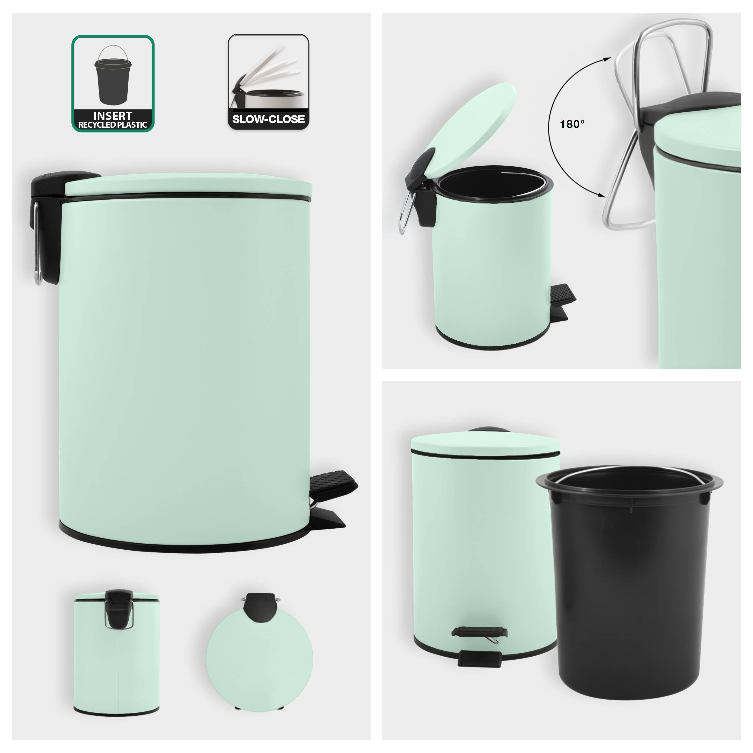 Mintgrüner Fußpedal-Mülleimer mit schwarzem Deckel und Innenfutter, mit Recyclingkunststoff-Einsatz, Soft-Close-Deckel, 180°-Öffnung und abnehmbarem inneren Eimer.