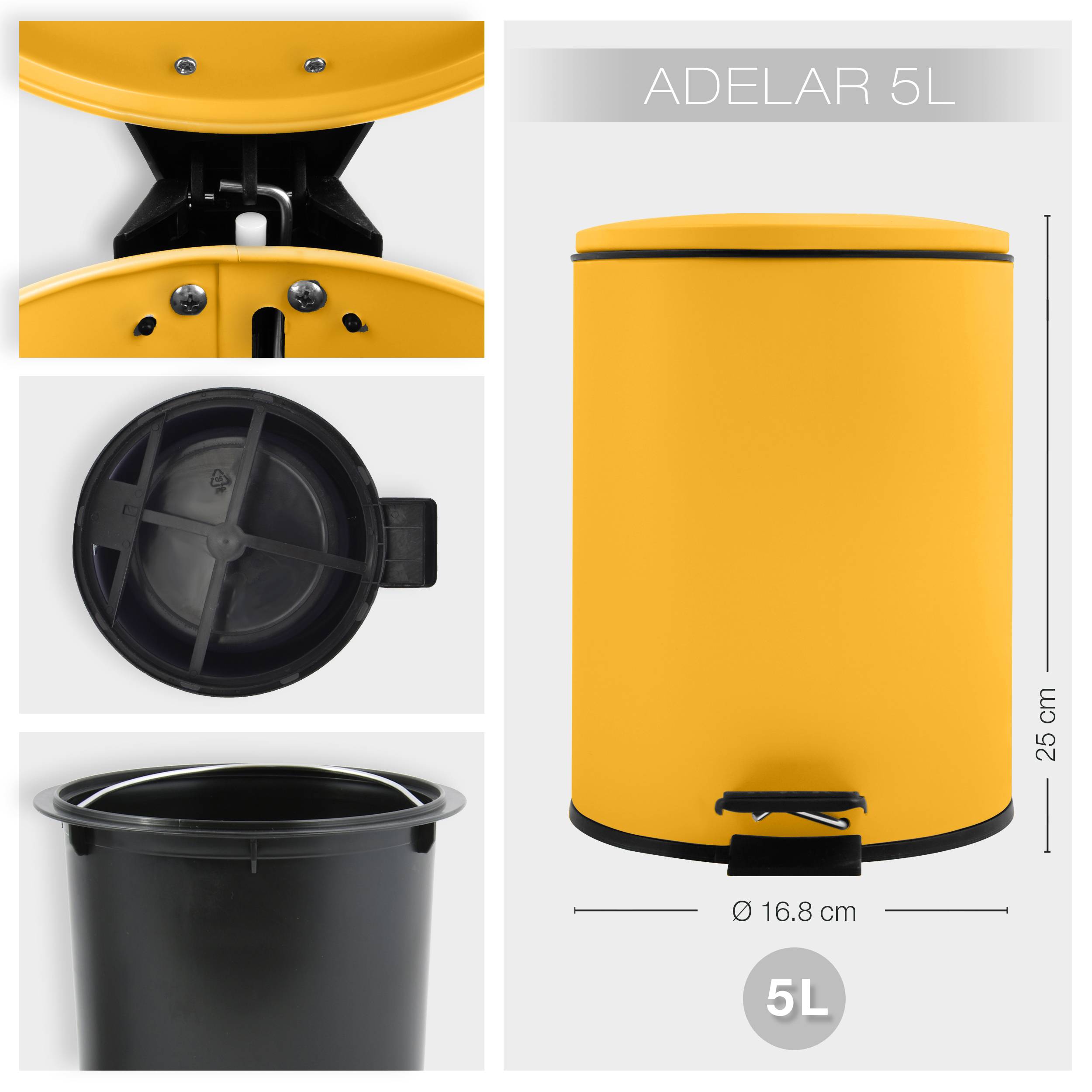 Gelber 5-L-Abfallbehälter mit der Bezeichnung „ADELAR 5L" mit Deckel und Pedal, dargestellt mit vergrößerten Details und Abmessungen: 25 cm Höhe, 16,8 cm Durchmesser.
