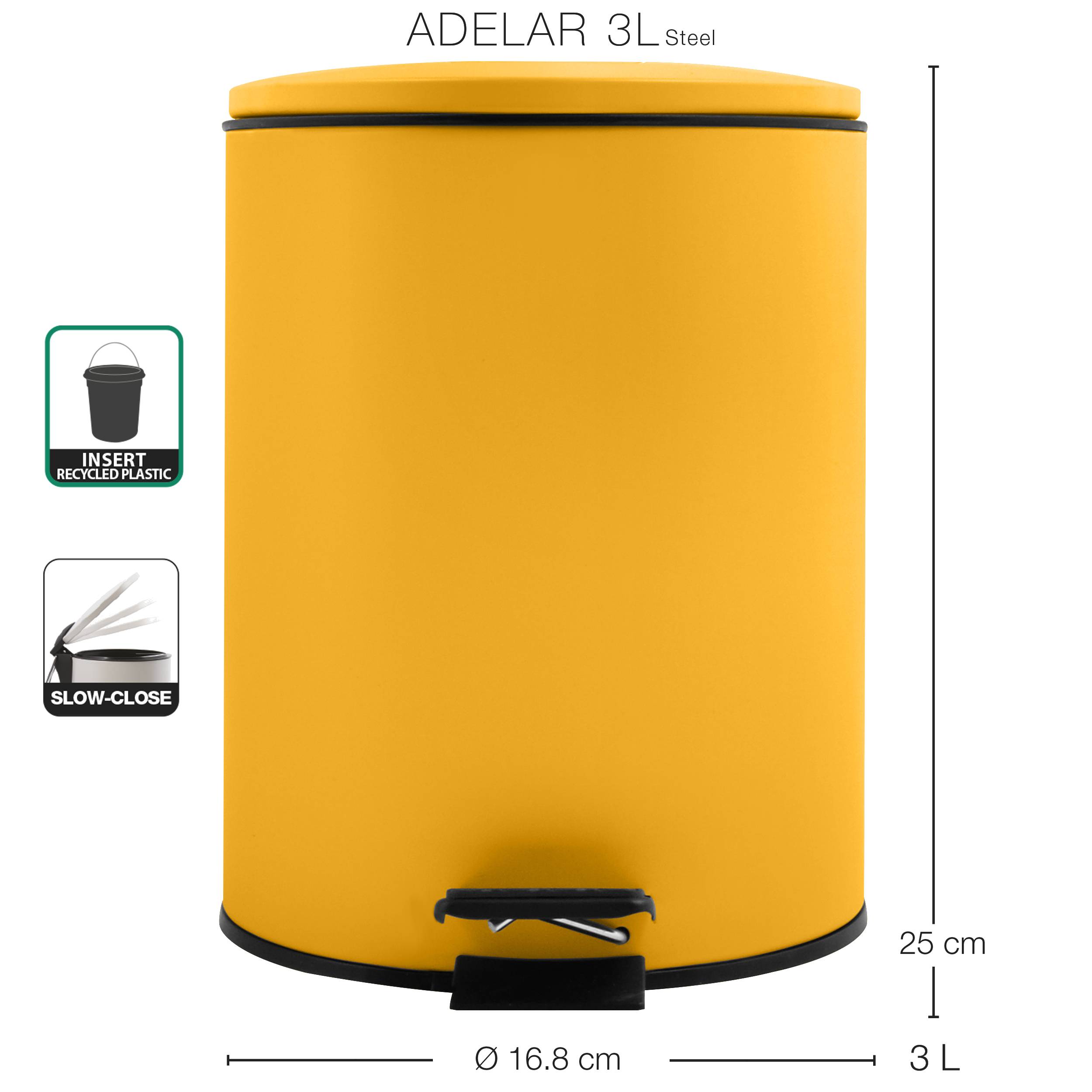 Gelber Adelar 3L Stahltrittabfalleimer mit Soft-Close-Deckel, Einsatz aus Recyclingkunststoff und den angegebenen Abmessungen: 25 cm Höhe, 16,8 cm Durchmesser.