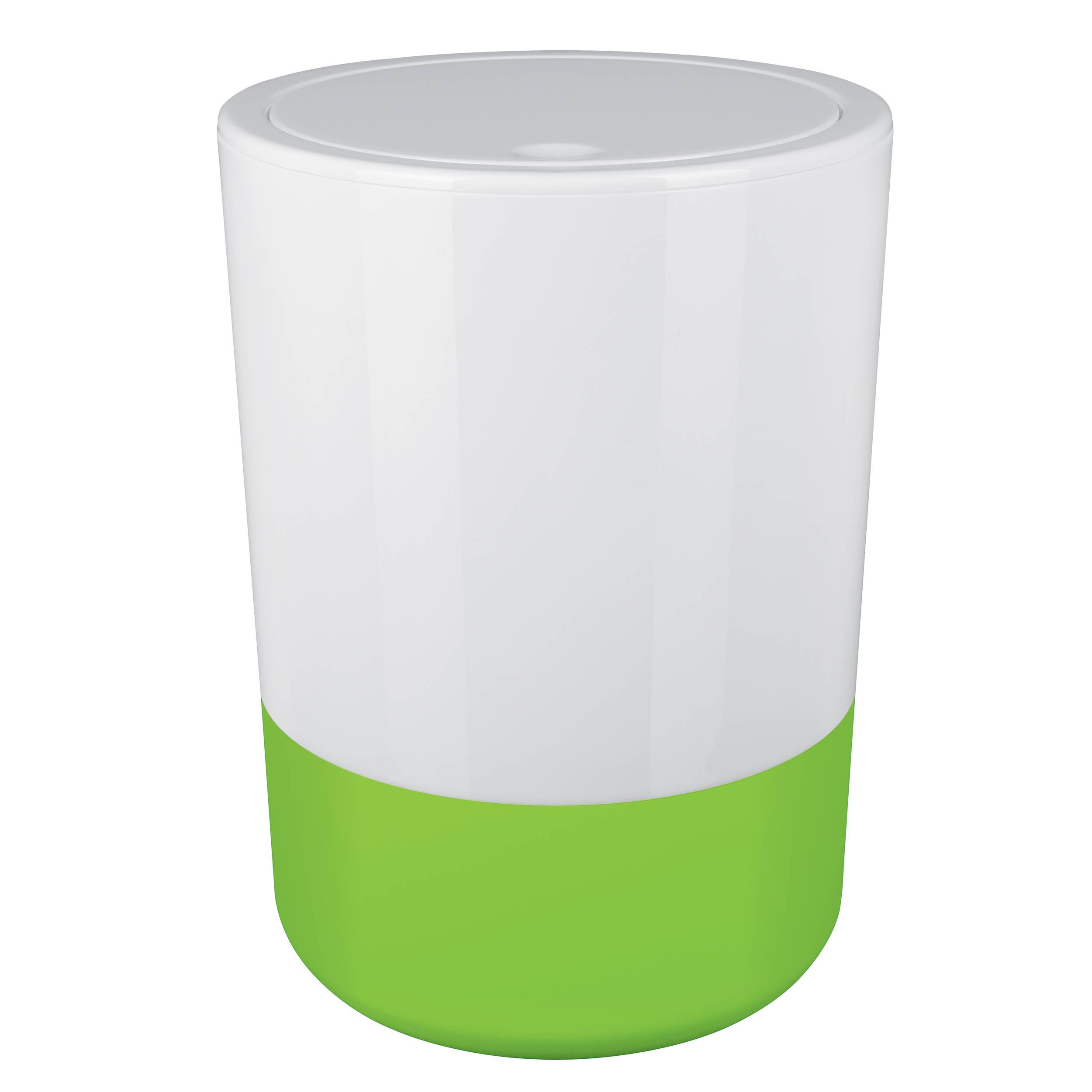 Weiße zylindrische Tasse mit einem leuchtend grünen unteren Bereich auf einfachem Hintergrund.