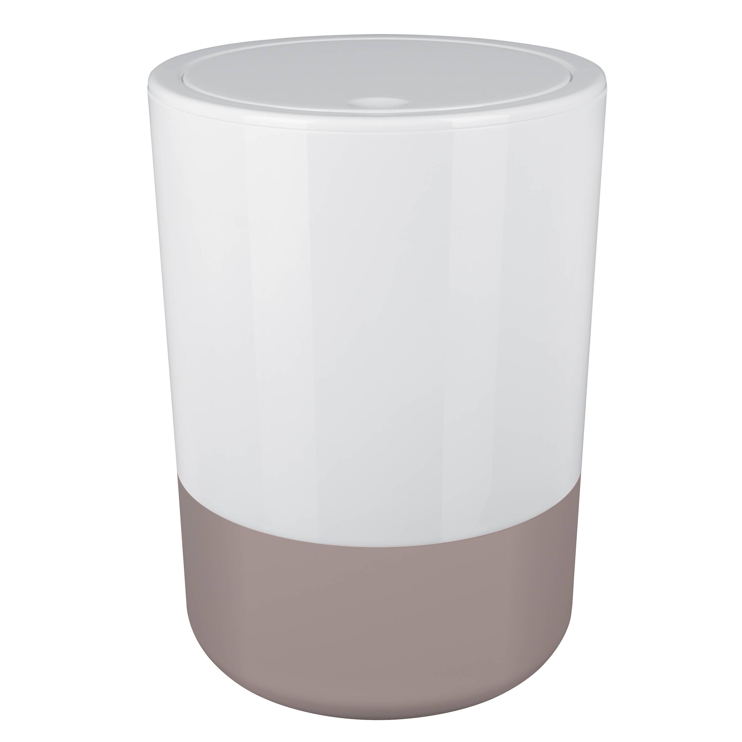 Weiße zylindrische isolierte Tasse mit abgerundeter grauer Basis, auf einem einfachen Hintergrund gezeigt.