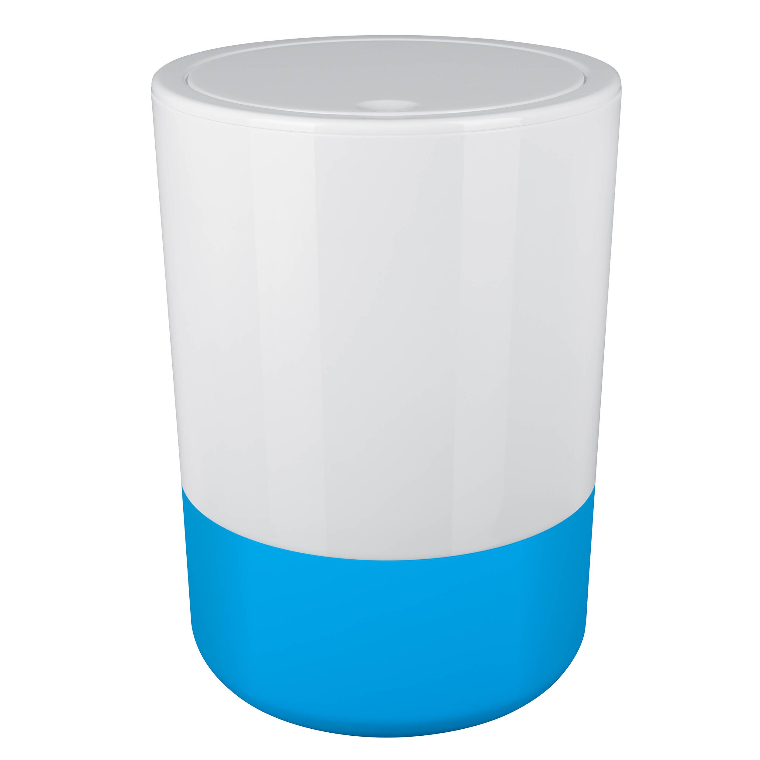 Weißer zylindrischer Behälter mit bluerem Unterteil, isoliert auf neutralem Hintergrund dargestellt.