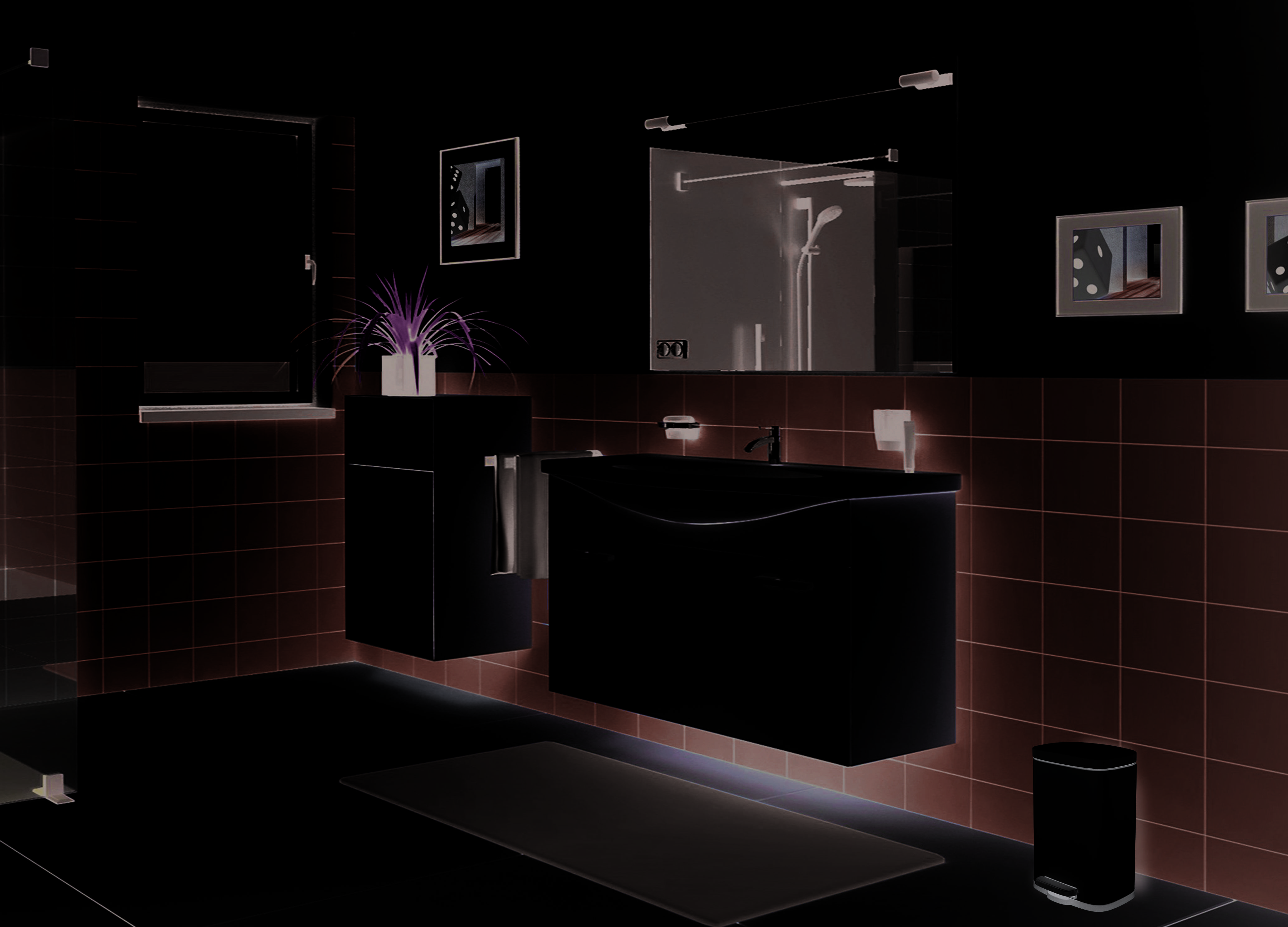 Modernes Badezimmer mit blauen Fliesenwänden, schwebendem Waschbecken-Unterschrank, großem Spiegel, Fenster, Dusche, Wandschrank, Pflanze und Badematte.