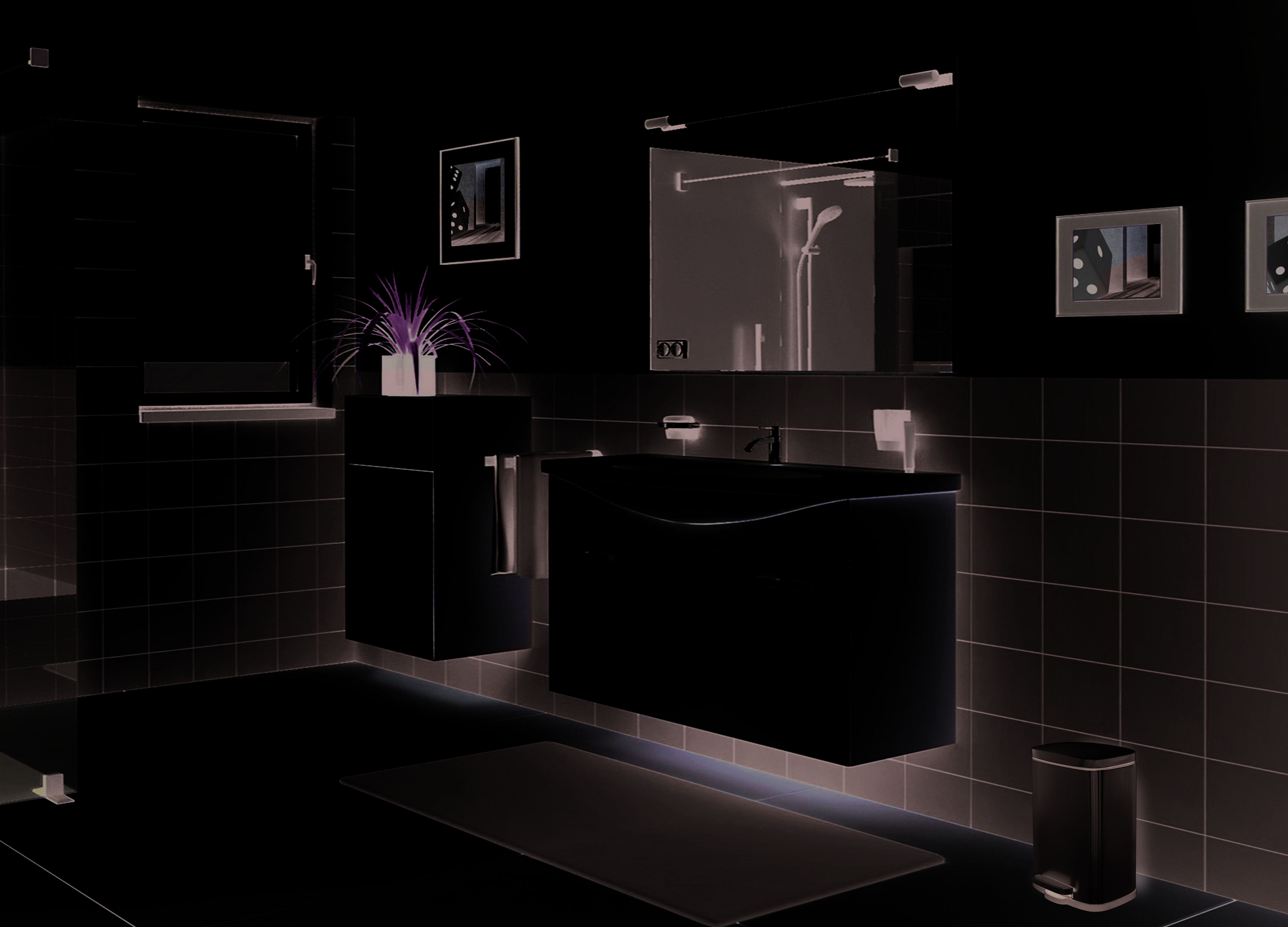 Modernes Badezimmer mit wandmontiertem Waschtisch und Waschbecken, großem Spiegel, gefliesten Wänden, Fenster, Speicherschrank, Teppich und Mülleimer.