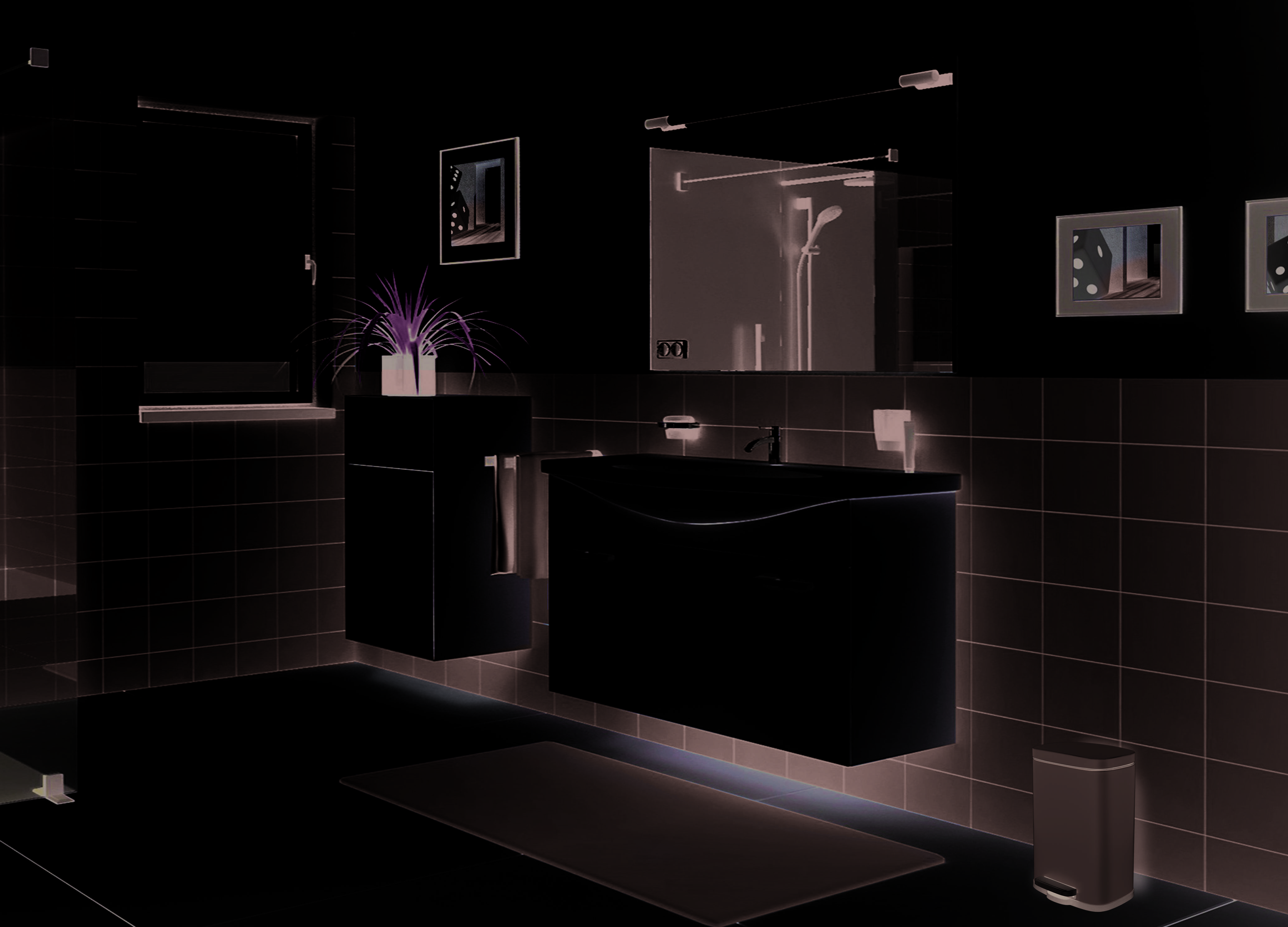 Modernes Badezimmer mit wandmontiertem Waschbecken und Spiegel, hohem Schrank mit Pflanze, mattem Fenster, grauen Fliesenwänden, Badvorleger und kleinem Mülleimer.