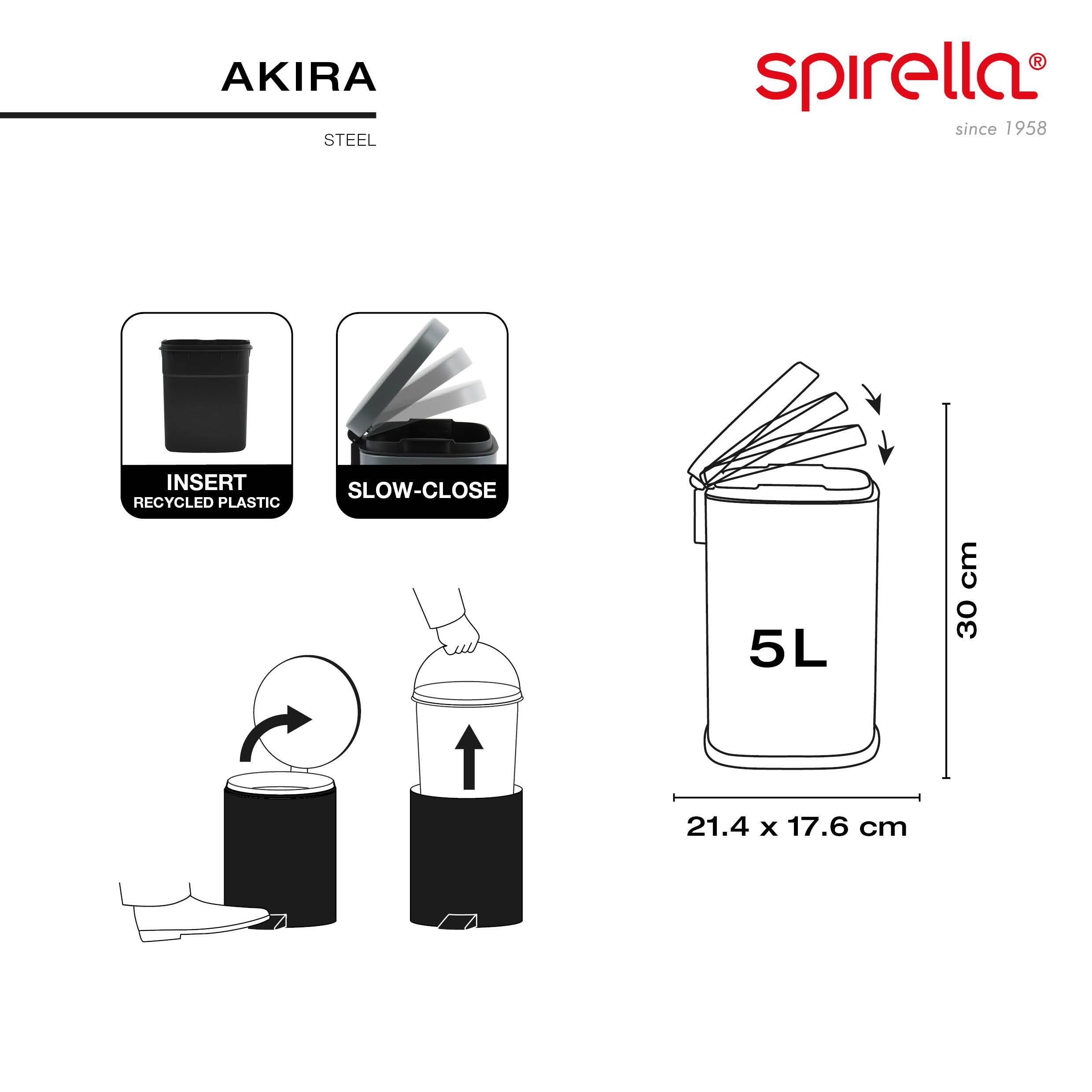 Spirella Akira Stahlmülleimer 5L mit Recyclingkunststoff-Einsatz und Soft-Close-Deckel; Abmessungen 21,4 x 17,6 cm, Höhe 30 cm.