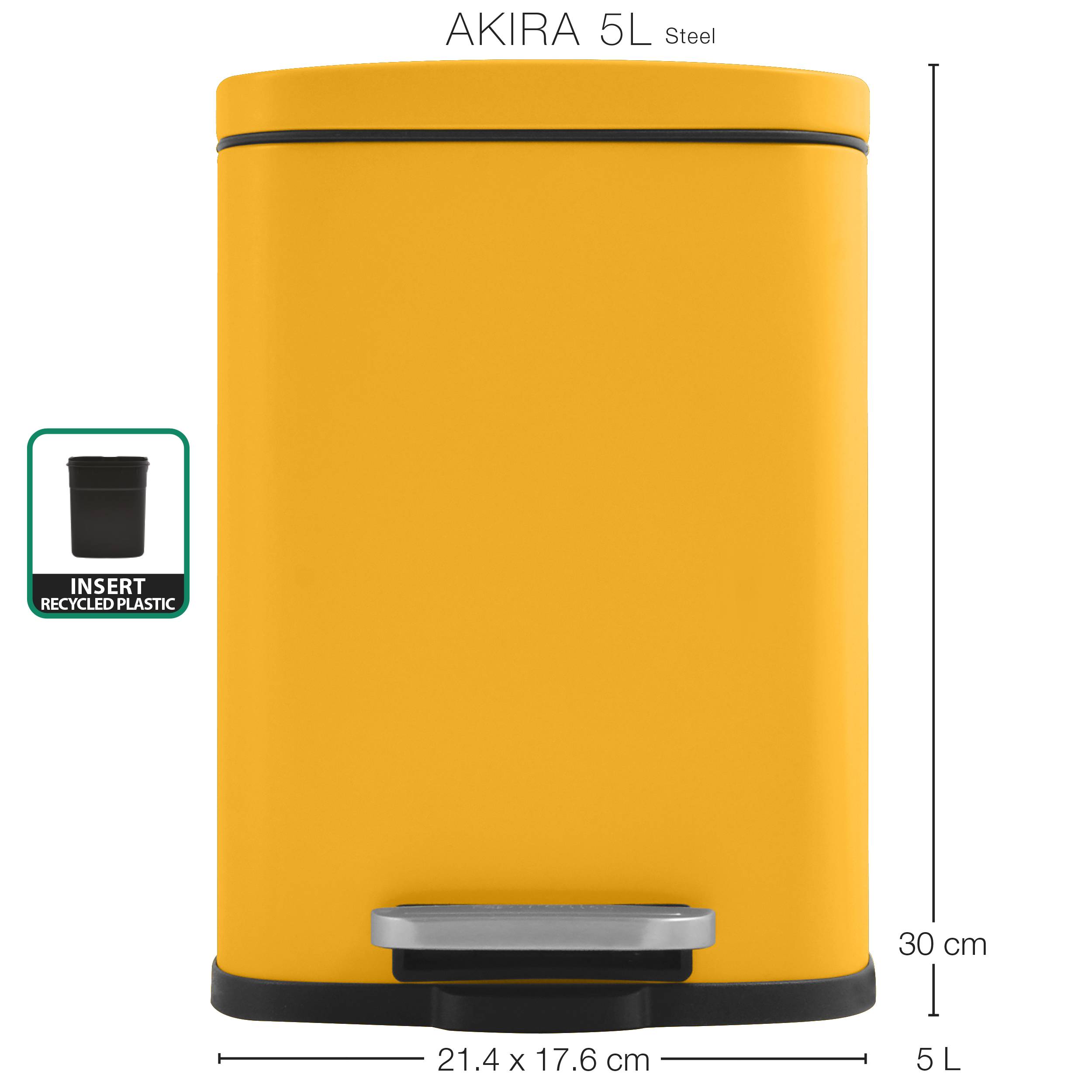 Gelber 5-Liter-Stahltrittabfallbehälter mit der Bezeichnung „AKIRA" und recyceltem Kunststoffeinsatz; Abmessungen: 30 cm Höhe und 21,4 x 17,6 cm Breite.
