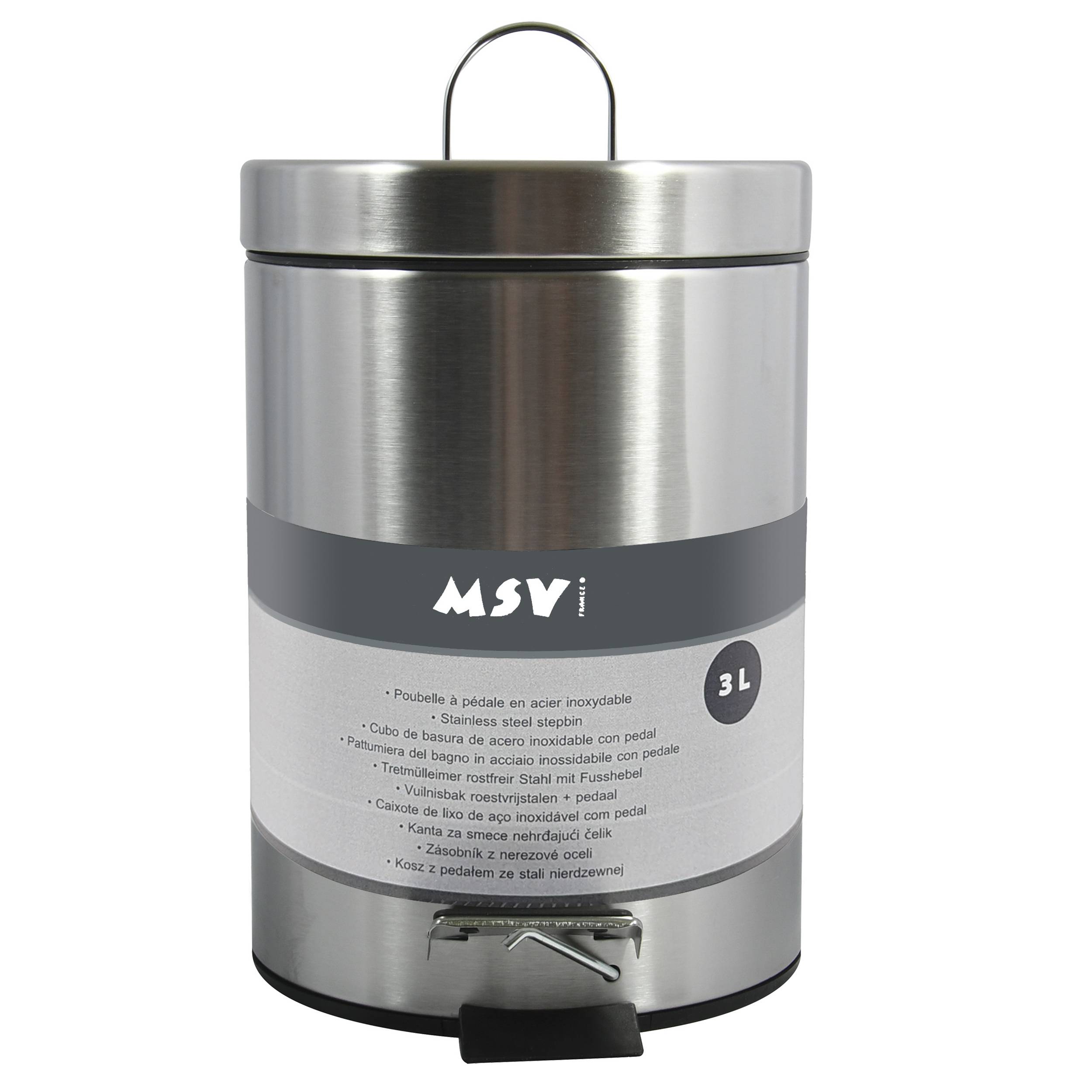 Edelstahl-Pedal-Mülleimer mit Deckel und oberen Griff, gekennzeichnet mit MSV und 3-Liter-Fassungsvermögen.