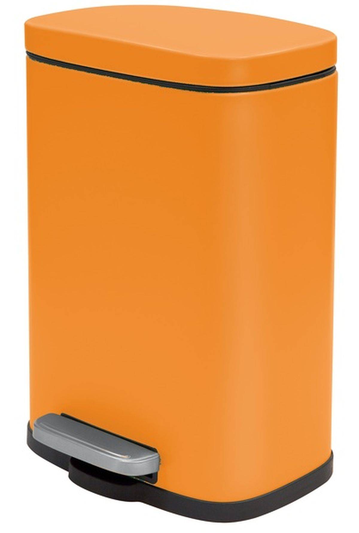 Orangefarbener rechteckiger Stufen-Abfalleimer mit schwarzem Deckel, Boden und Fußpedal.