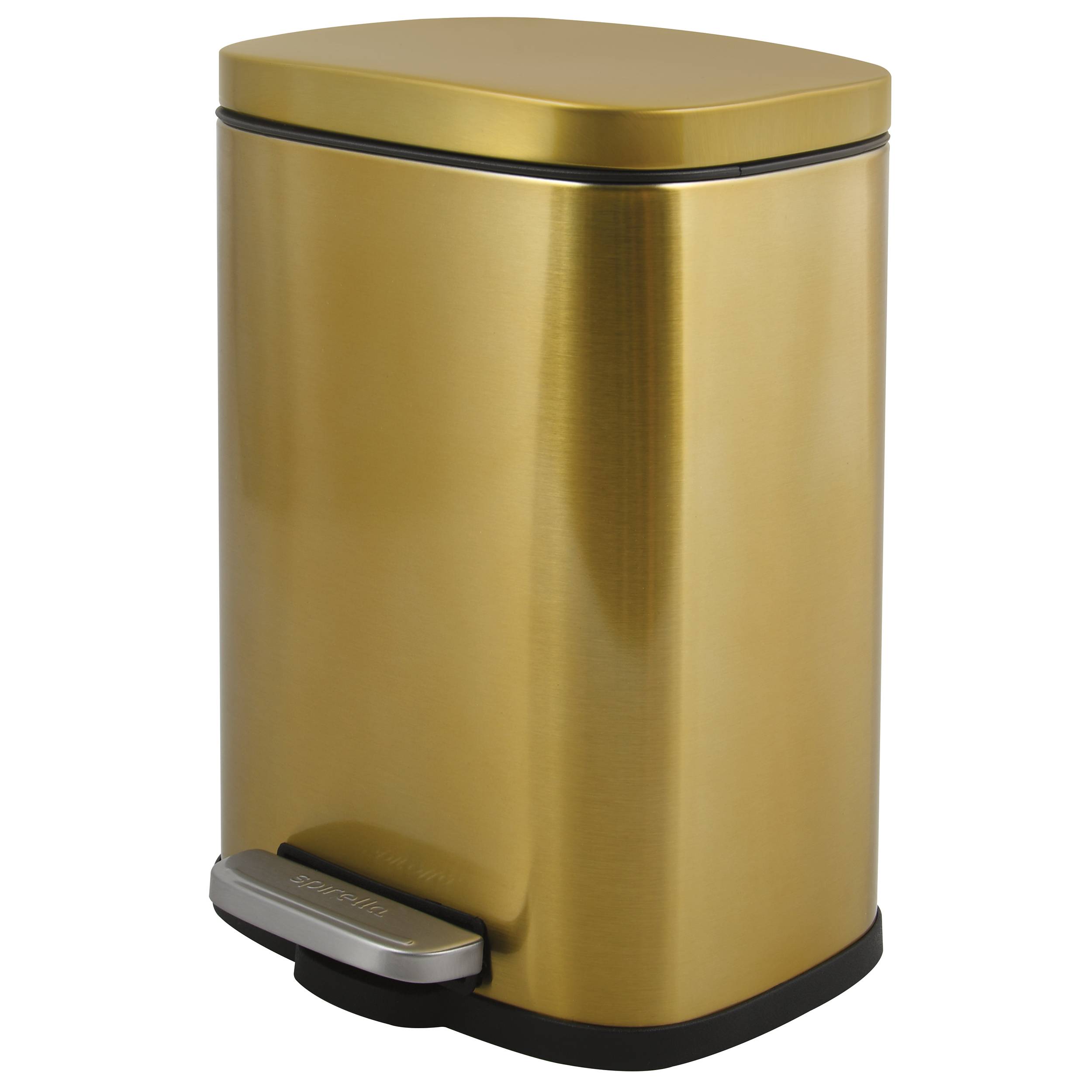 Goldener rechteckiger Stufenmülleimer mit schwarzem Sockel und Fußpedal, dargestellt auf weißem Hintergrund.