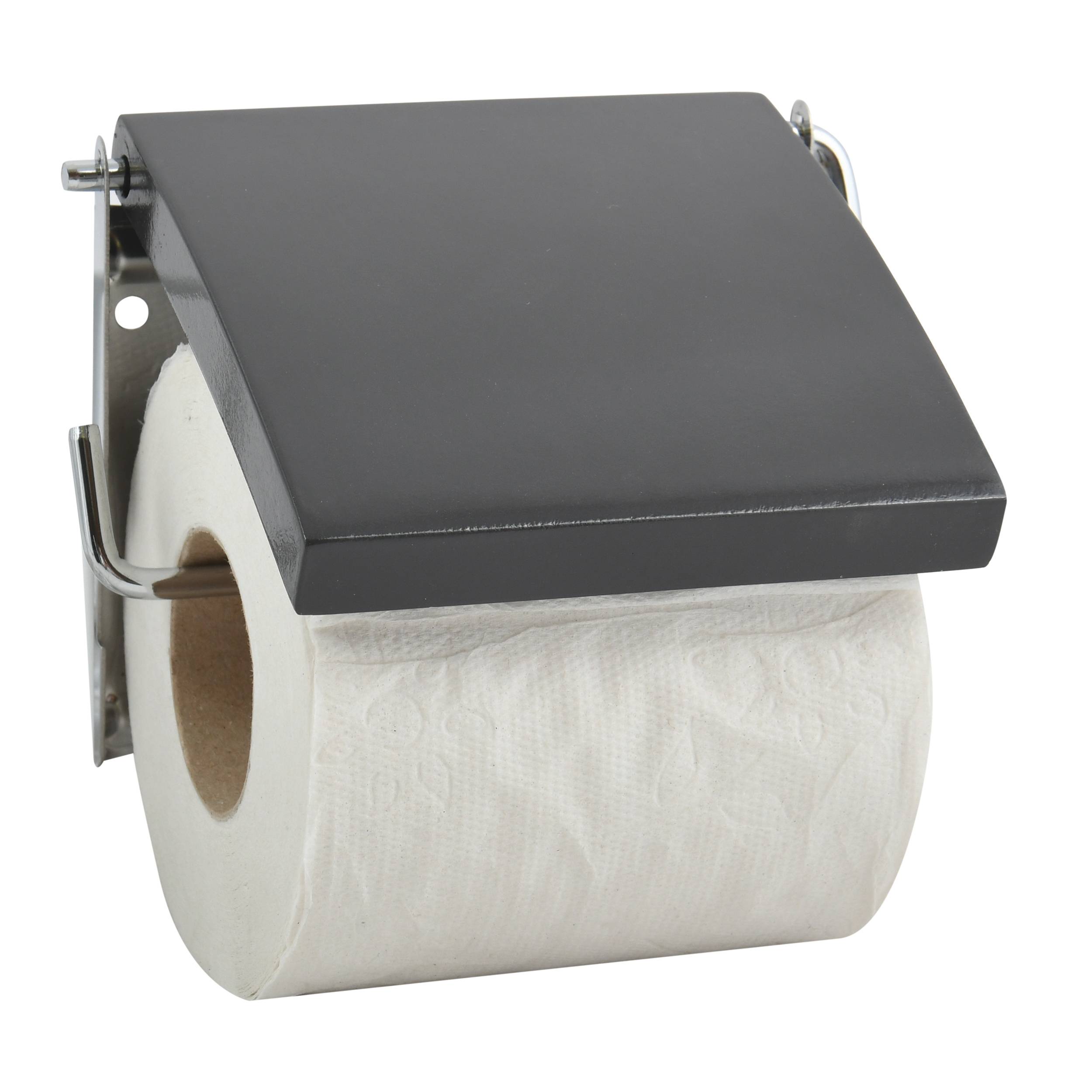 An der Wand montierter Toilettenpapierhalter mit einer teilweise aufgebrauchten Rolle und einer dunklen Abdeckung.