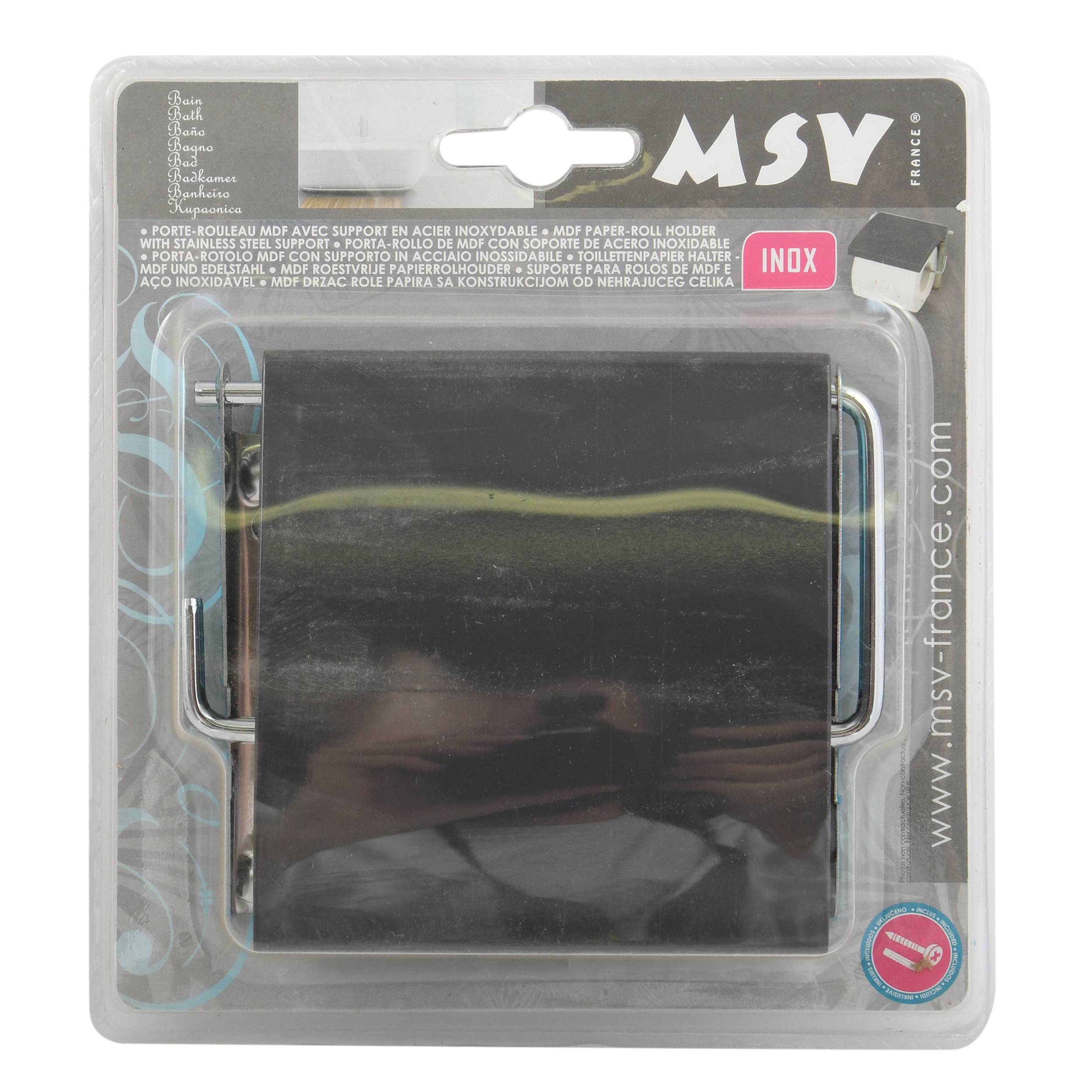 Verpackter MSV Toilettenpapierhalter aus Edelstahl mit schwarzem Deckel, gezeigt in Einzelhandelsblisterveredlung.