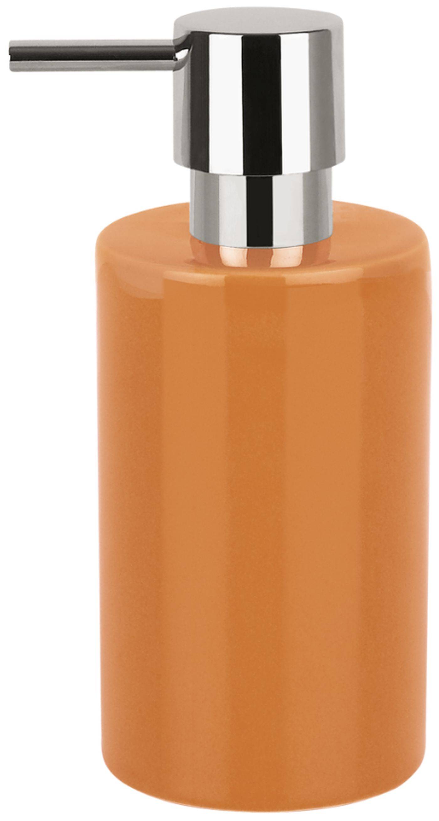 Orangefarbener flüssiger Seifenspender mit verchromter Pumpe auf weißem Hintergrund.