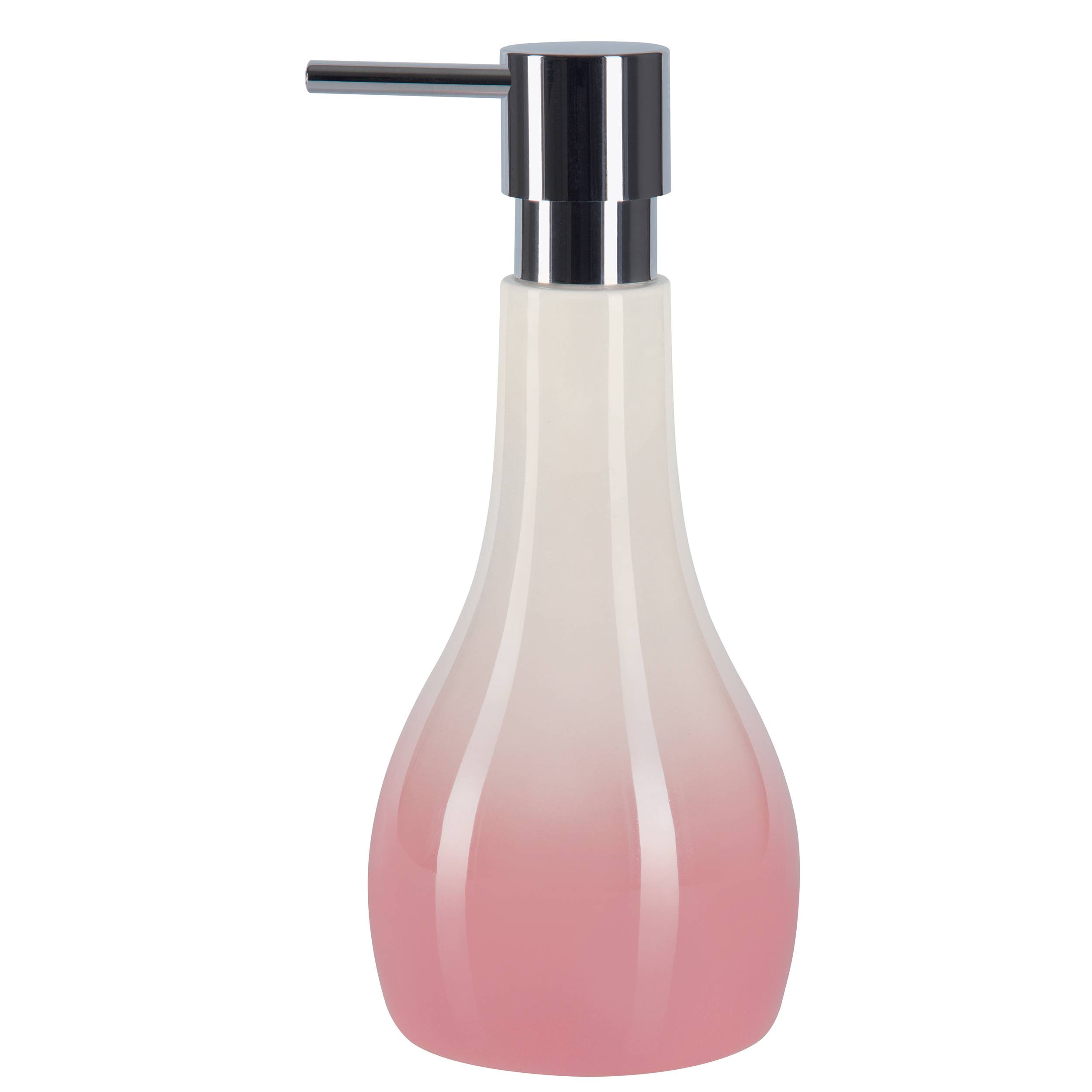 Rosa Flüssigseifen-Spenderflasche mit silberner Pumpe auf weißem Hintergrund.