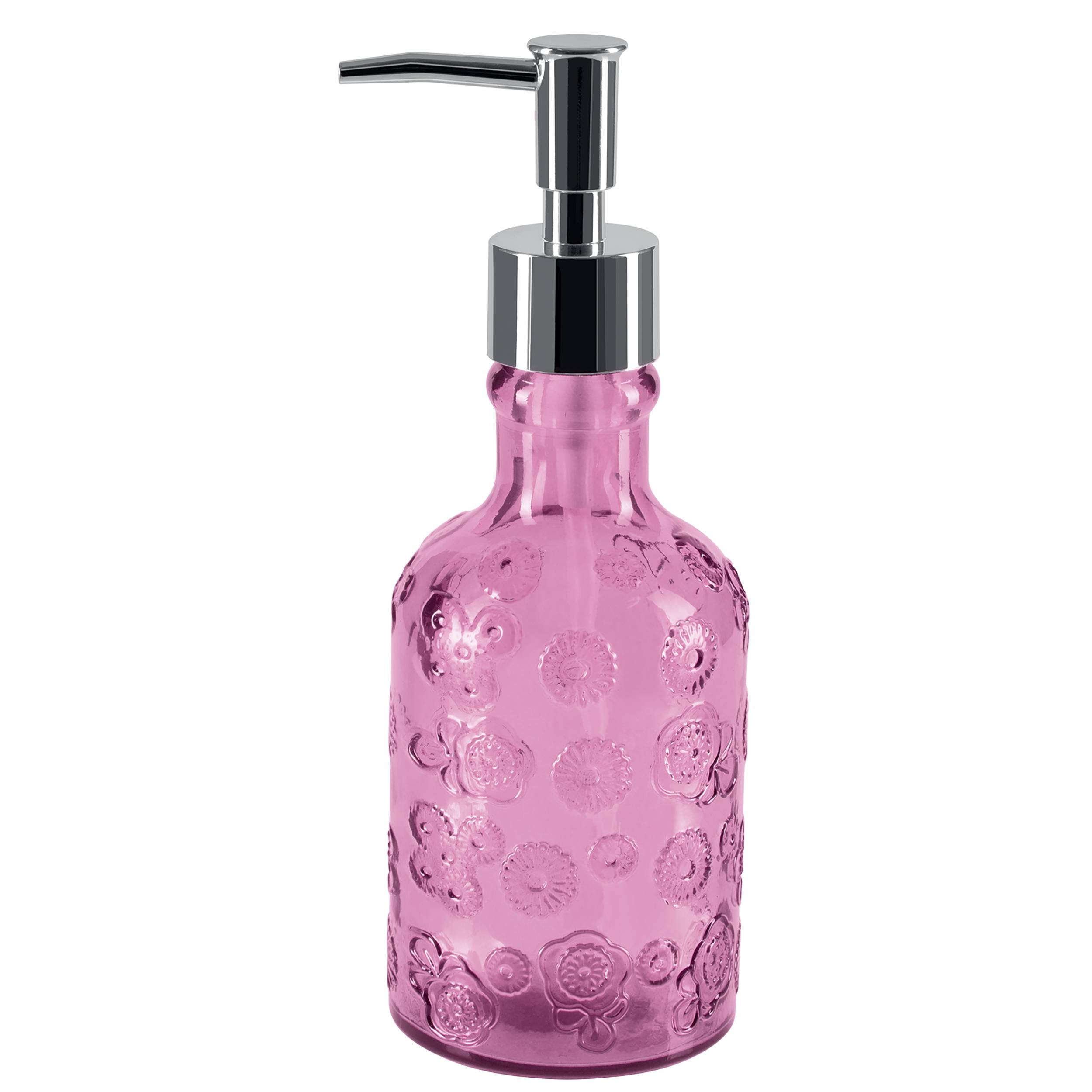 Rosa geprägte Glasseifenspender mit Chrompumpe auf weißem Hintergrund.