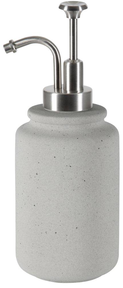 Grauer Keramik-Seifenspender mit Edelstahlpumpe und gebogenem Ausguss.