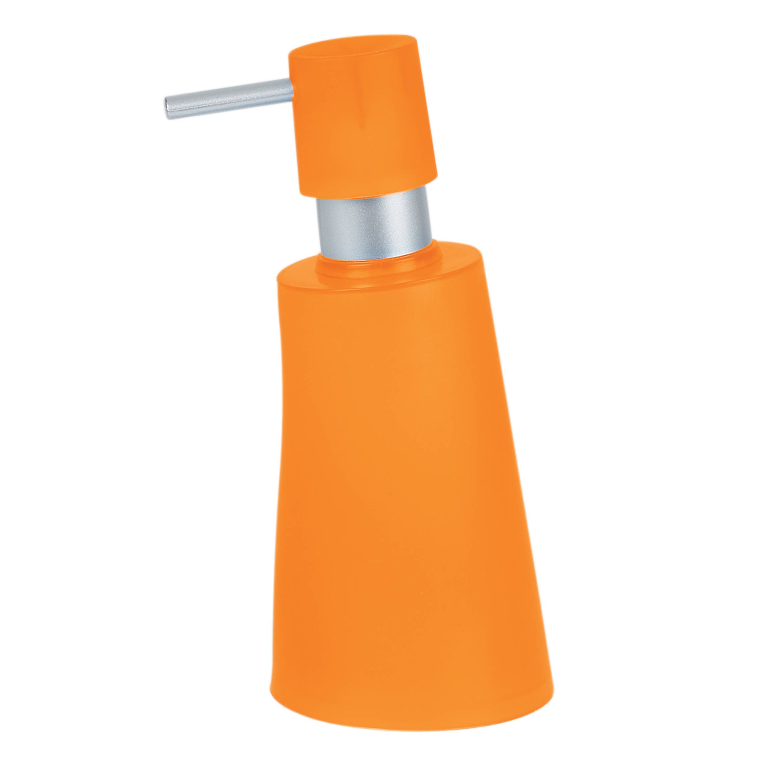Orange Kunststoffpumpenspender mit silbernem Ausguss auf einfachem weißem Hintergrund.