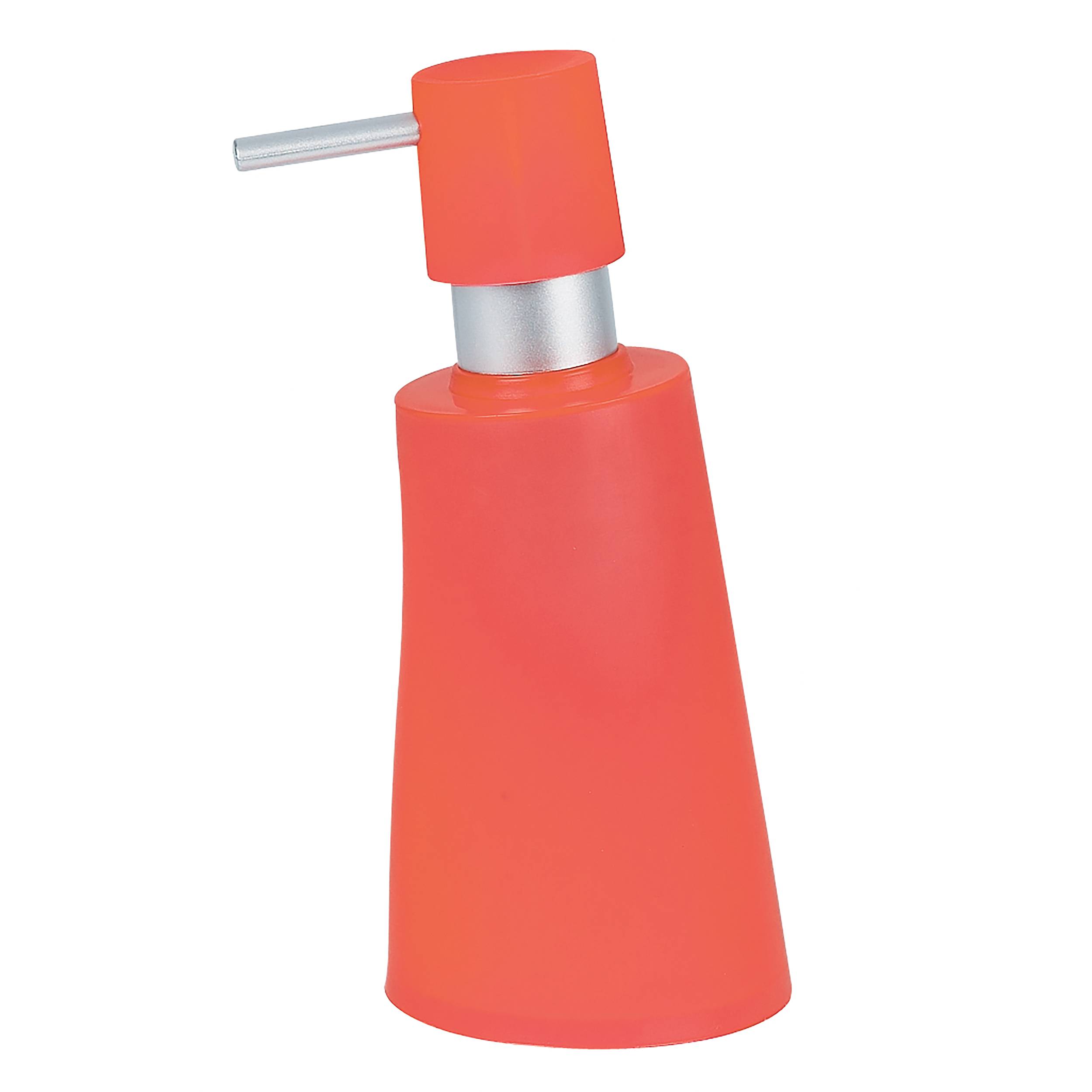 Roter Seifenspender mit silberner Pumpe und zylindrischem Deckel auf weißem Hintergrund.