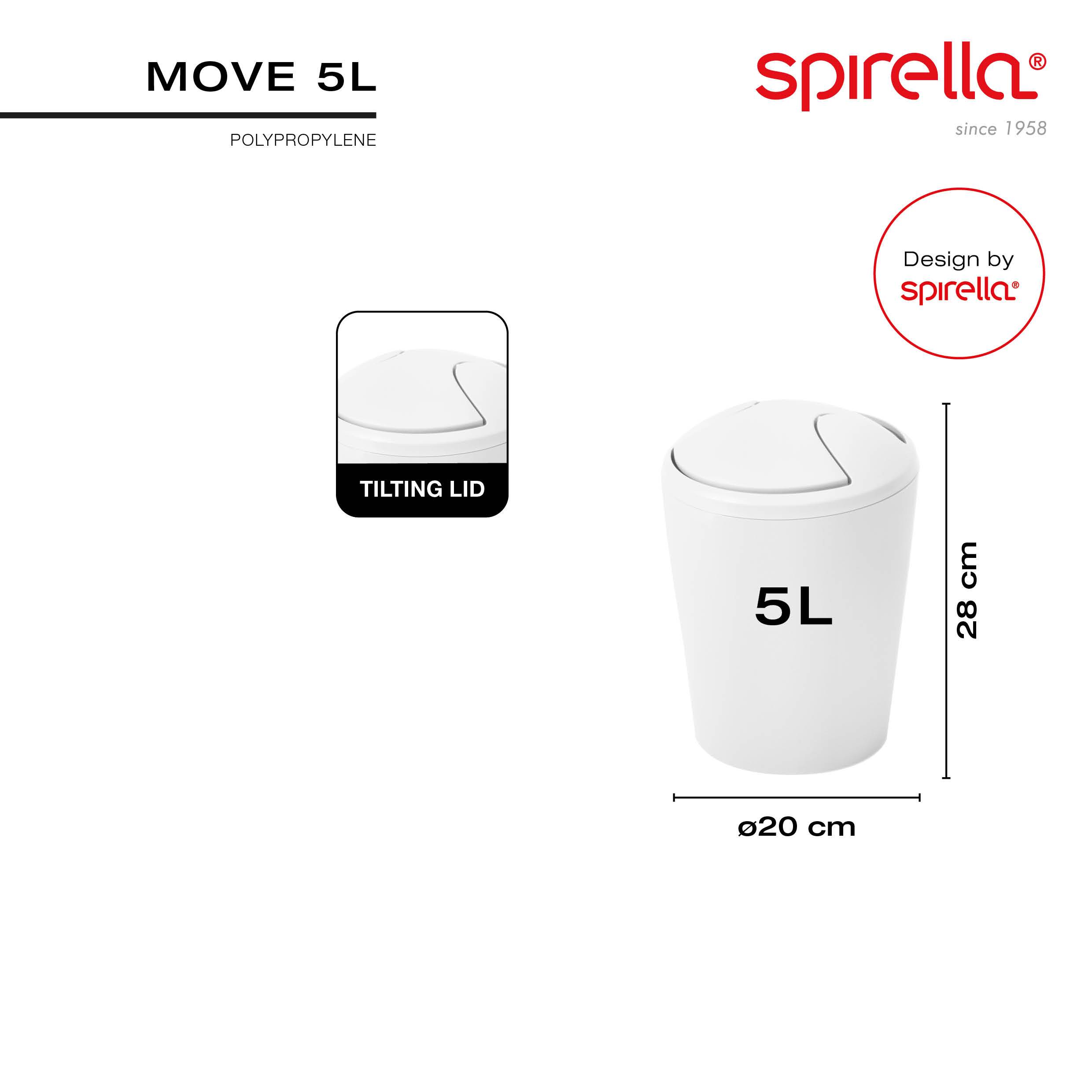 Spirella Move 5L Polypropylen-Abfallbehälter mit Kippdeckel, gezeigt mit Abmessungen von 28 cm Höhe und 20 cm Durchmesser.