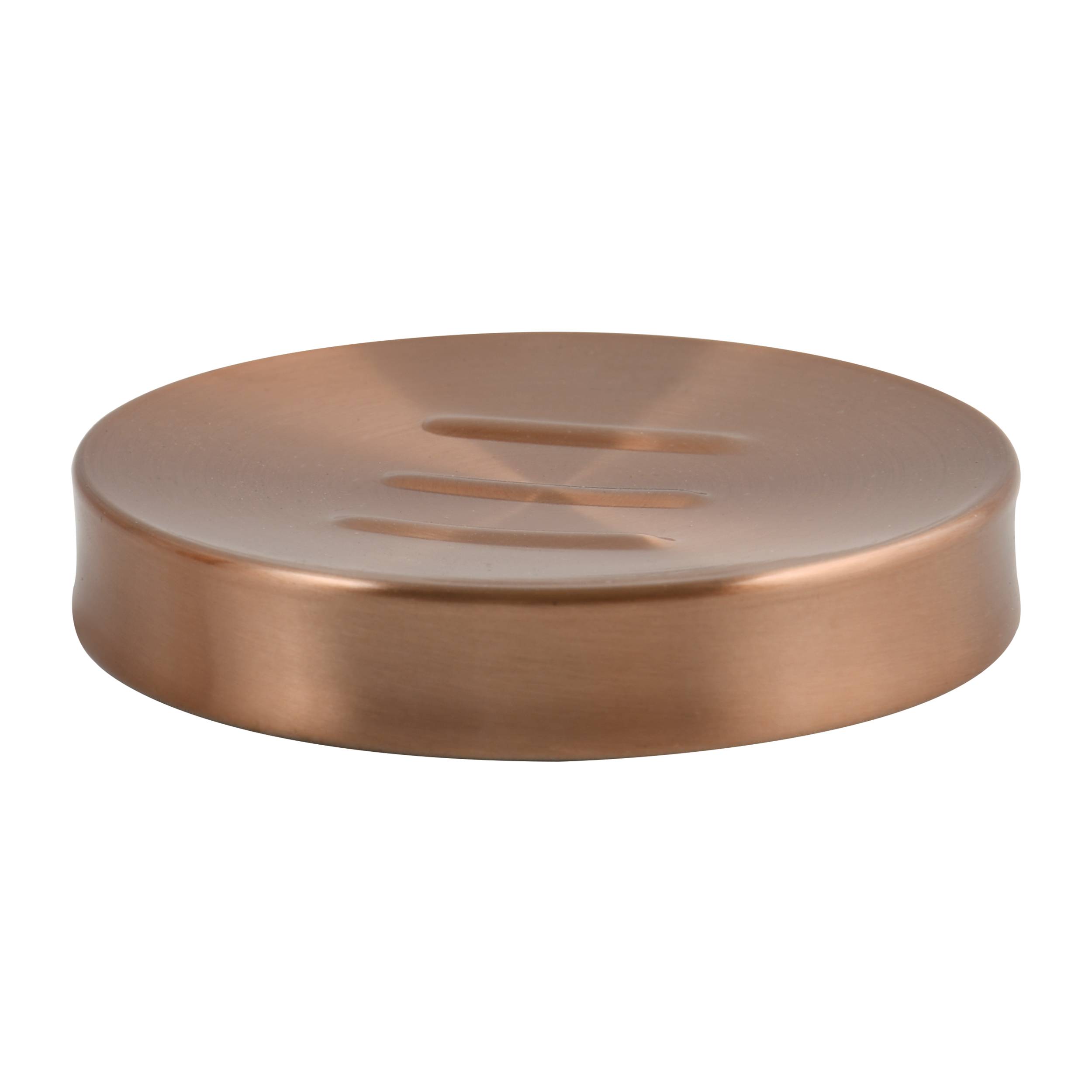 Rundes kupferfarbenes Metalldeckel oder Puck mit flachen Rillen oben, auf weißem Hintergrund gezeigt.