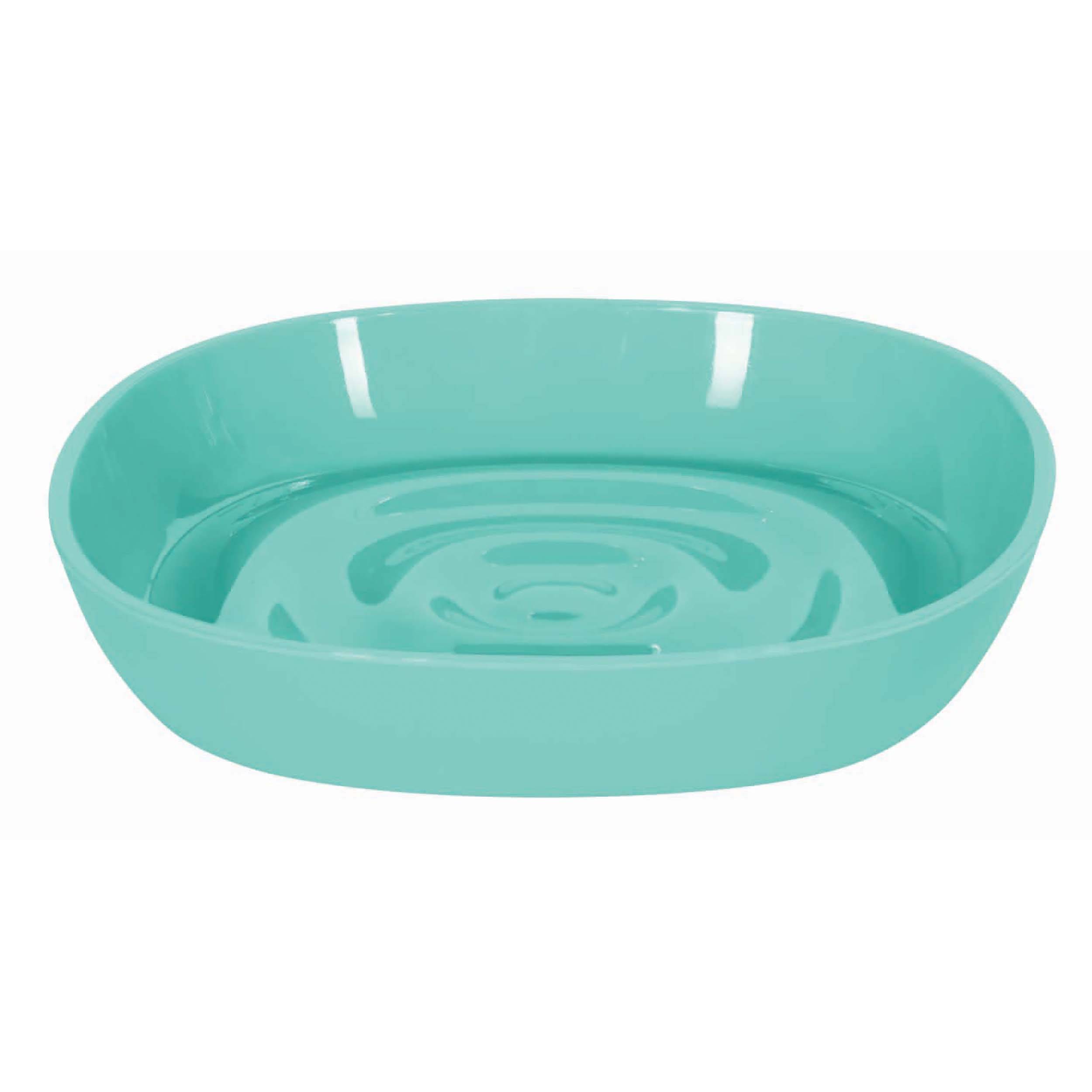 Minzgrüne ovale Kunststoff-Serviereschale auf weißem Hintergrund.