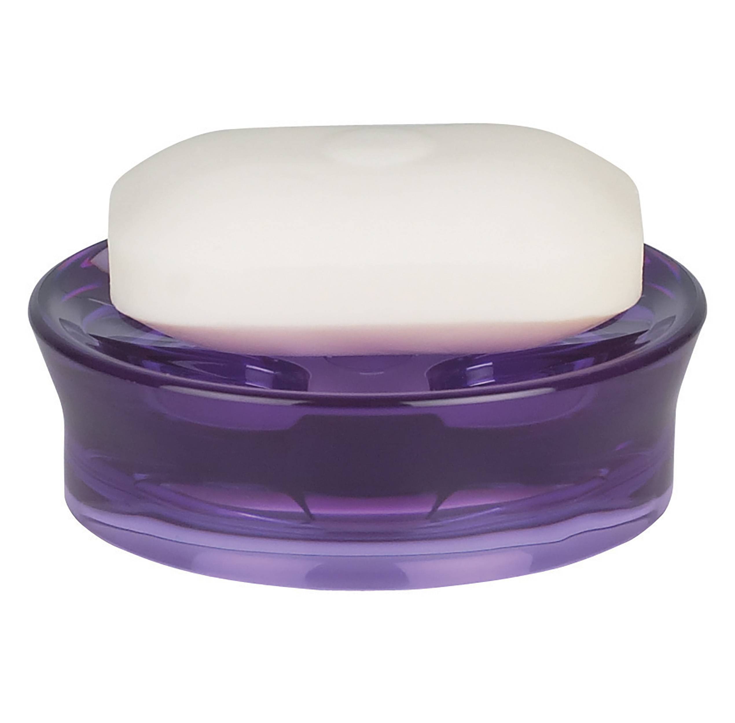 Violettes, durchscheinendes, rundes Kosmetikglas mit weißem Deckel auf einfachem Hintergrund.