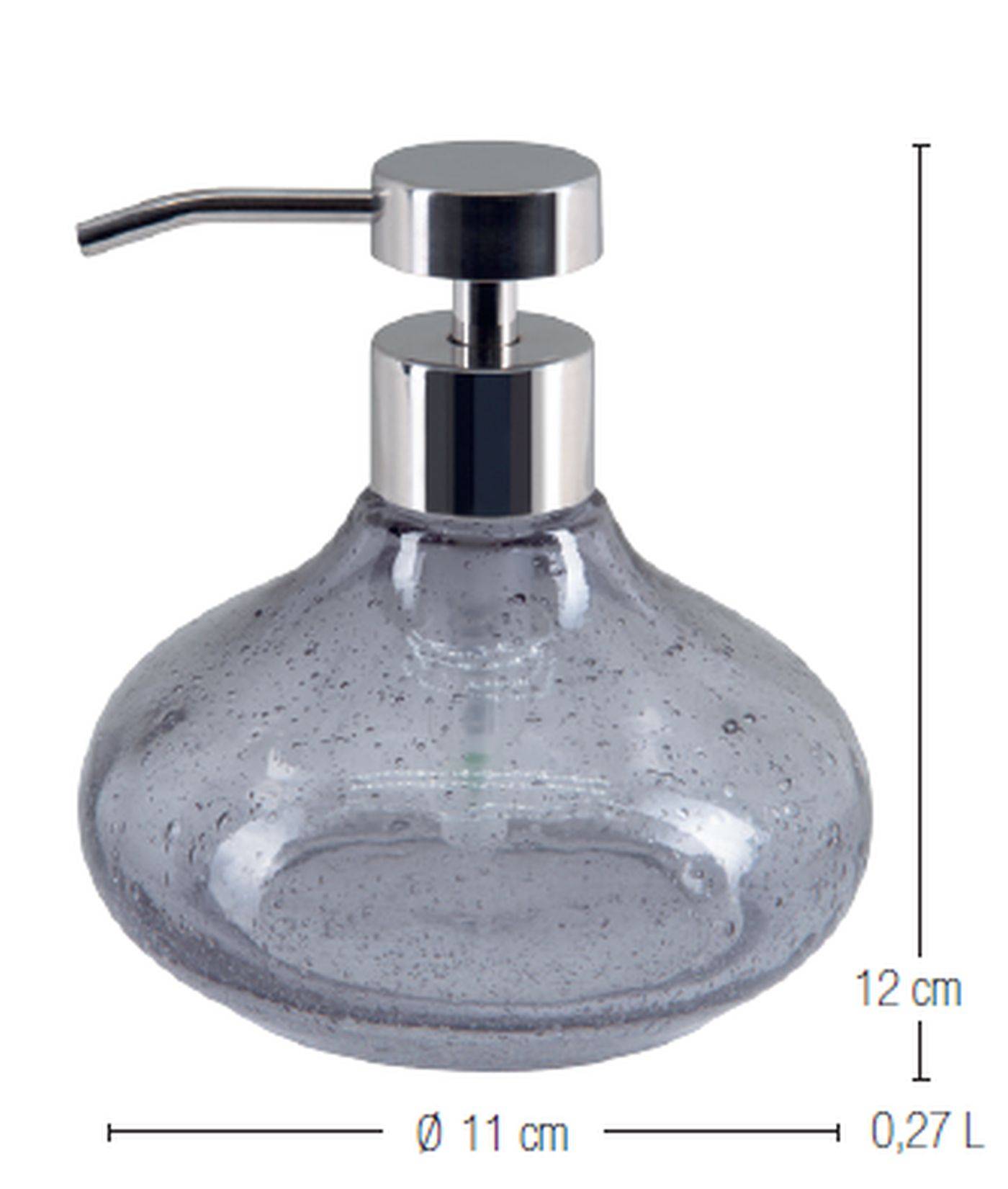 Glassseifenspender mit verchromter Pumpe, gezeigt mit Abmessungen von 12 cm Höhe, 11 cm Breite und 0,27 L Fassungsvermögen.