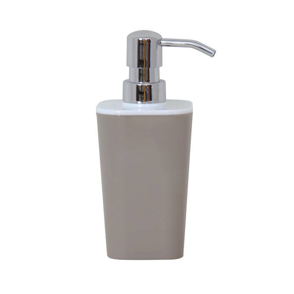 Graue Seifenspenderflasche mit chromierter Pumpe und weißem Deckel auf neutralem Hintergrund.