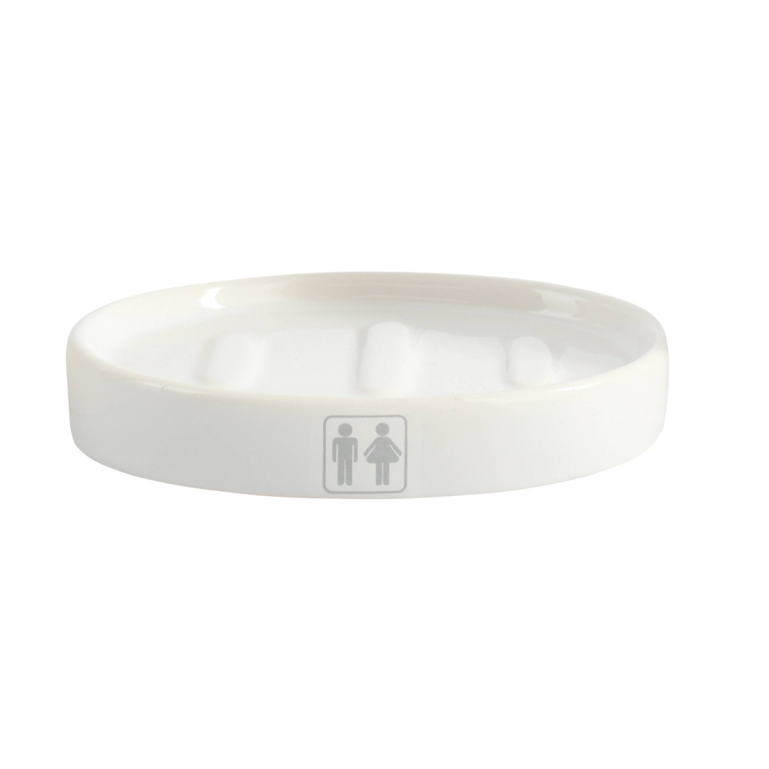 Weißes keramisches ringförmiges Schälchen oder Aschenbecher mit einem kleinen Herren-Damen-Toilettensymbol auf der Vorderseite, shown auf einem einfachen weißen Hintergrund.
