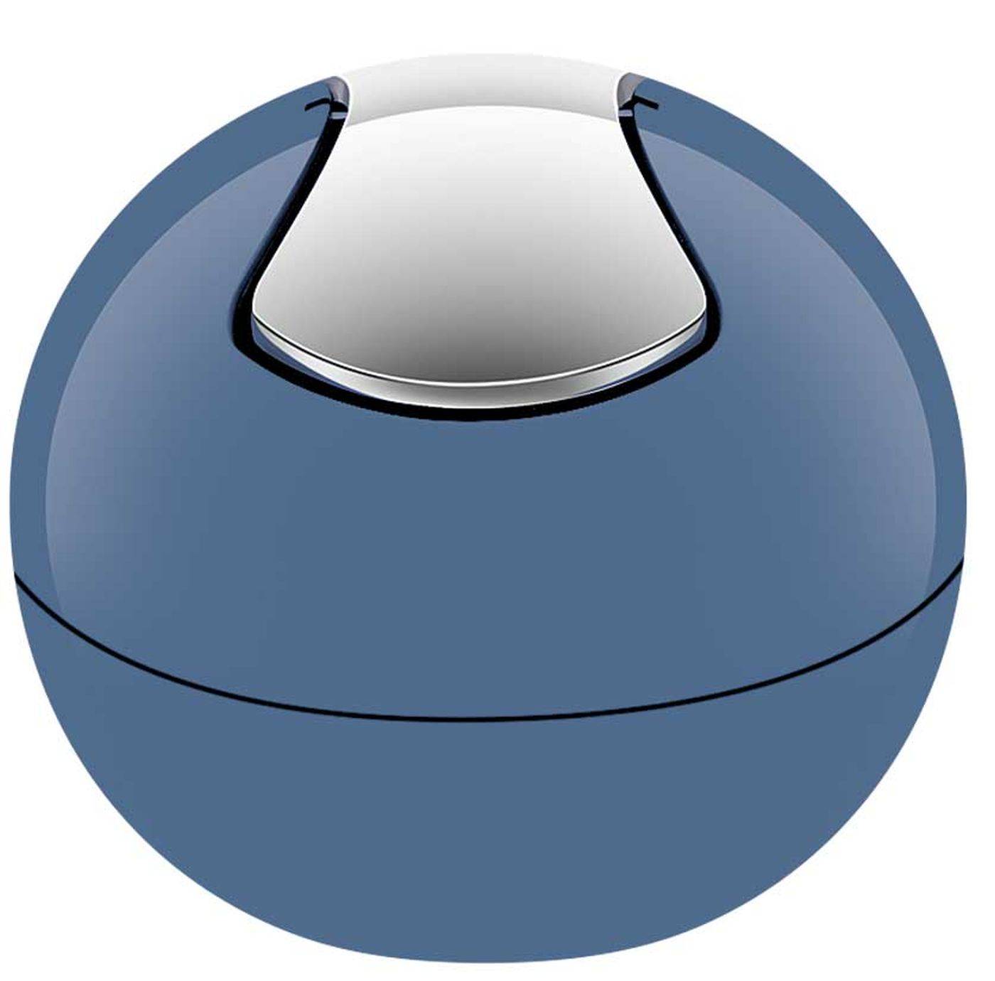 Blauer kugelförmiger Mülleimer mit silbernem Deckel, der sich oben öffnet.