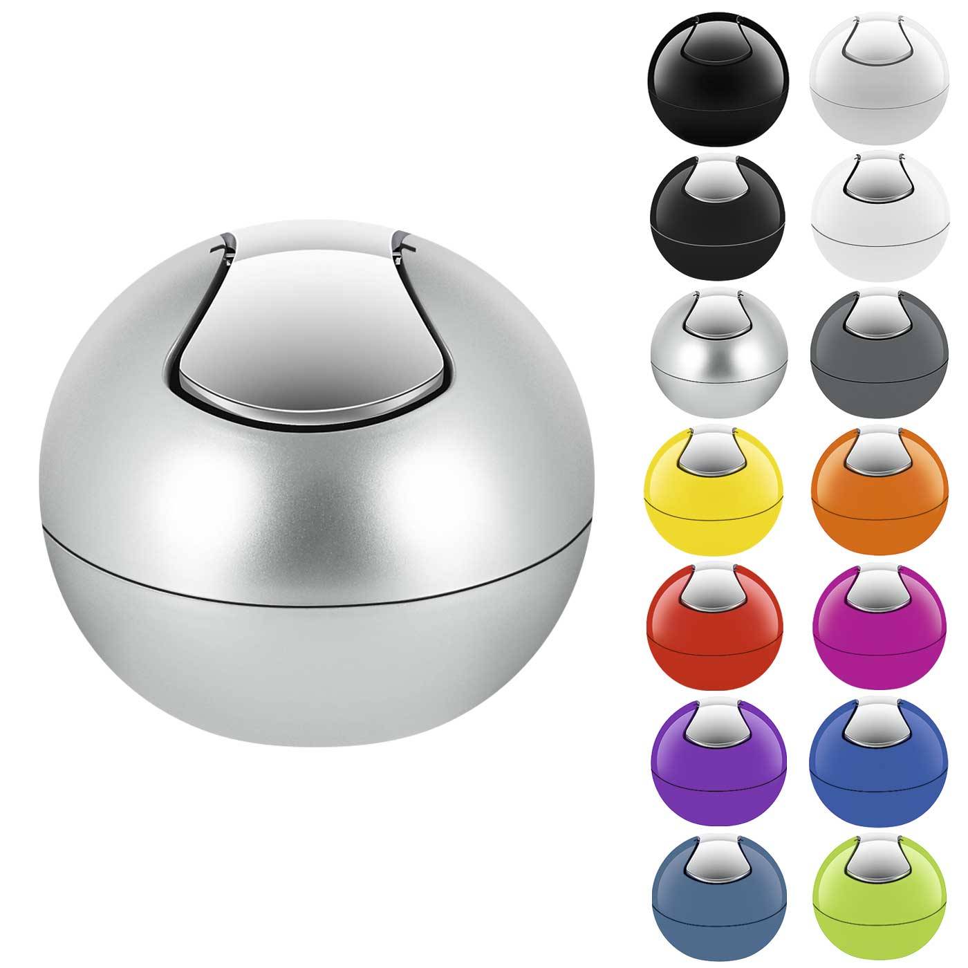 Runder metallischer kugelförmiger Behälter mit einer Öffnung oben, gezeigt in mehreren Farben, einschließlich Silber, Schwarz, Weiß, Gelb, Orange, Rot, Lila, Blau und Grün.