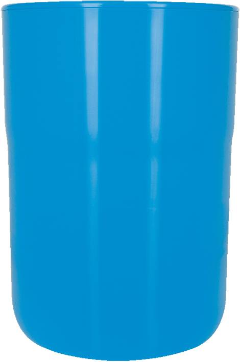 Blauer zylindrischer Kunststoffbecher oder Behälter auf weißem Hintergrund.