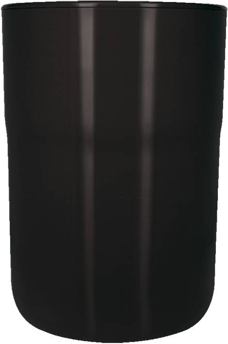 Schwarzer zylindrischer Becher oder Tasse mit Hochglanzfinish, Vorderansicht auf einfachem weißem Hintergrund.