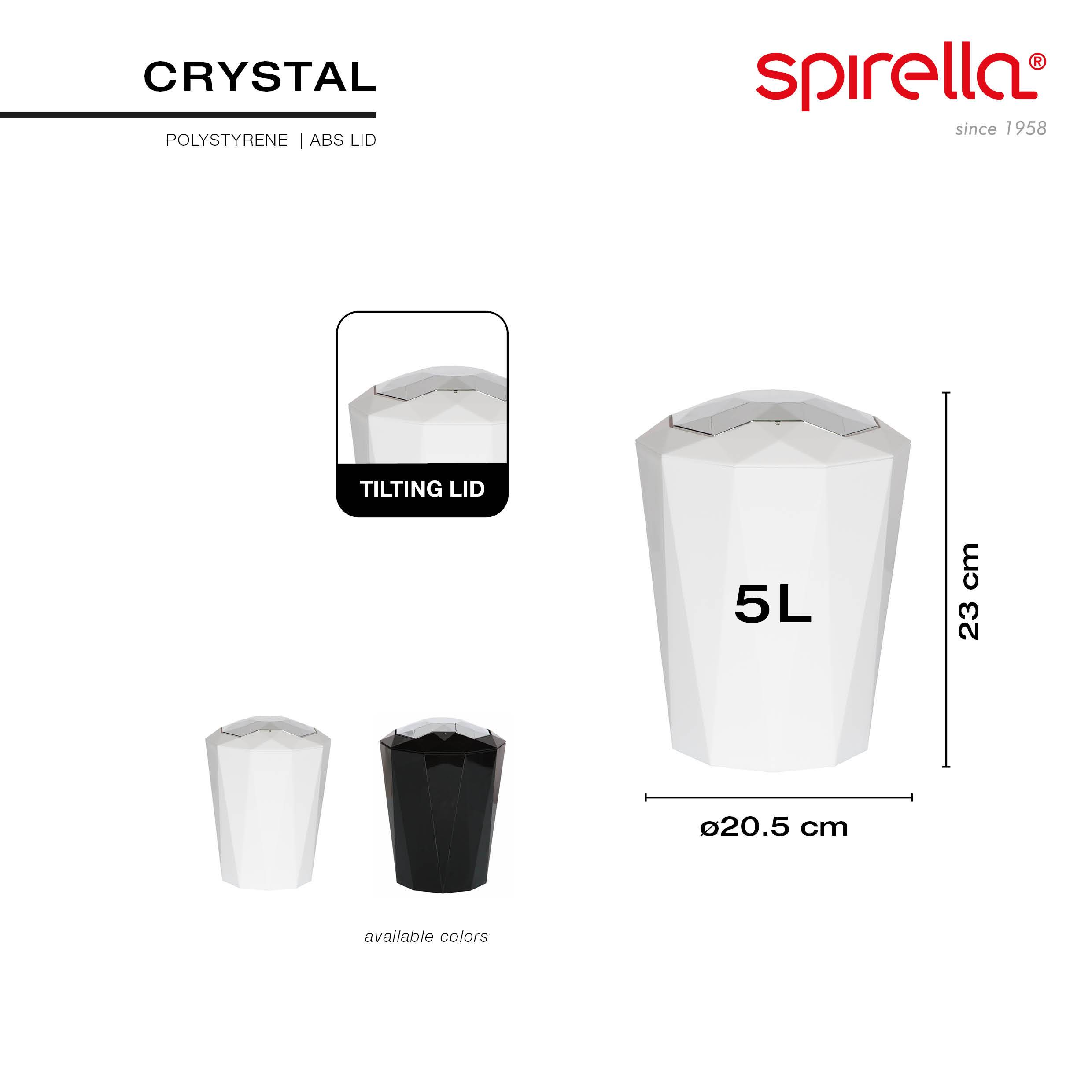 Produktbild des Spirella Crystal Behälters mit Kippdeckel, mit 5L Fassungsvermögen, 23 cm Höhe, 20,5 cm Durchmesser und Farboptionen in Weiß oder Schwarz.