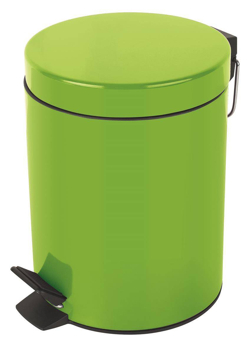 Grüner Metall-Pedal-Mülleimer mit Deckel und Fußpedal, dargestellt auf weißem Hintergrund.