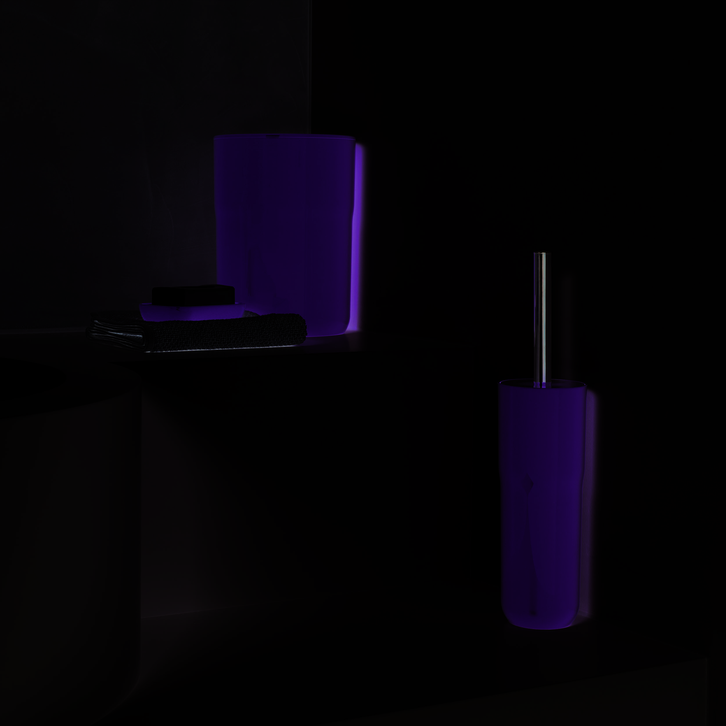 Minimalistisches Badezimmer-Set mit limonengrünen Behältern, Seife und einem Handtuch, die auf weißen gestaffelten Regalen angeordnet sind.